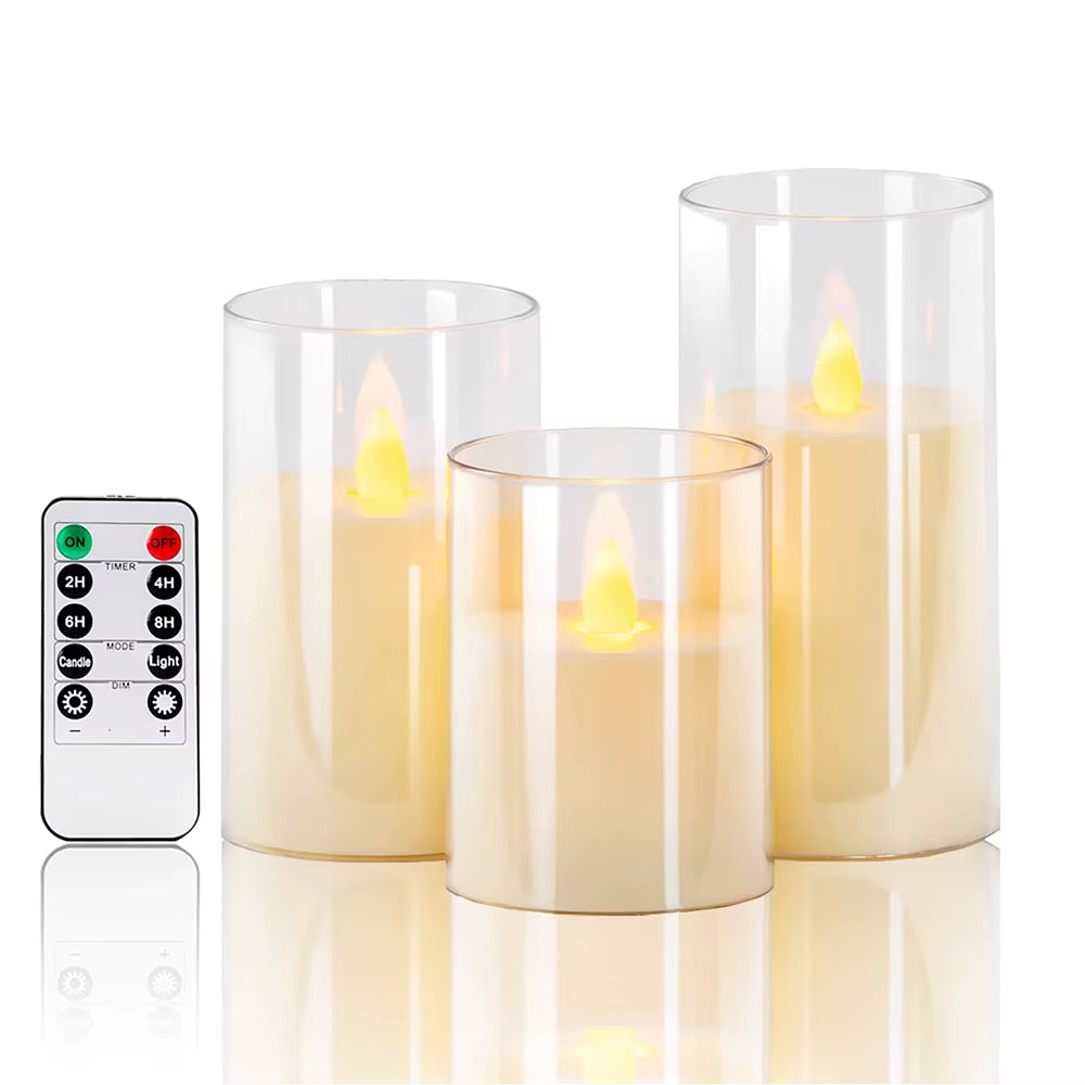 Set of 3 LED Flameless Candles – Acrylic Battery Candles with Remote Control & Timer, Warm Glow for Weddings, Holidays & Home Decor