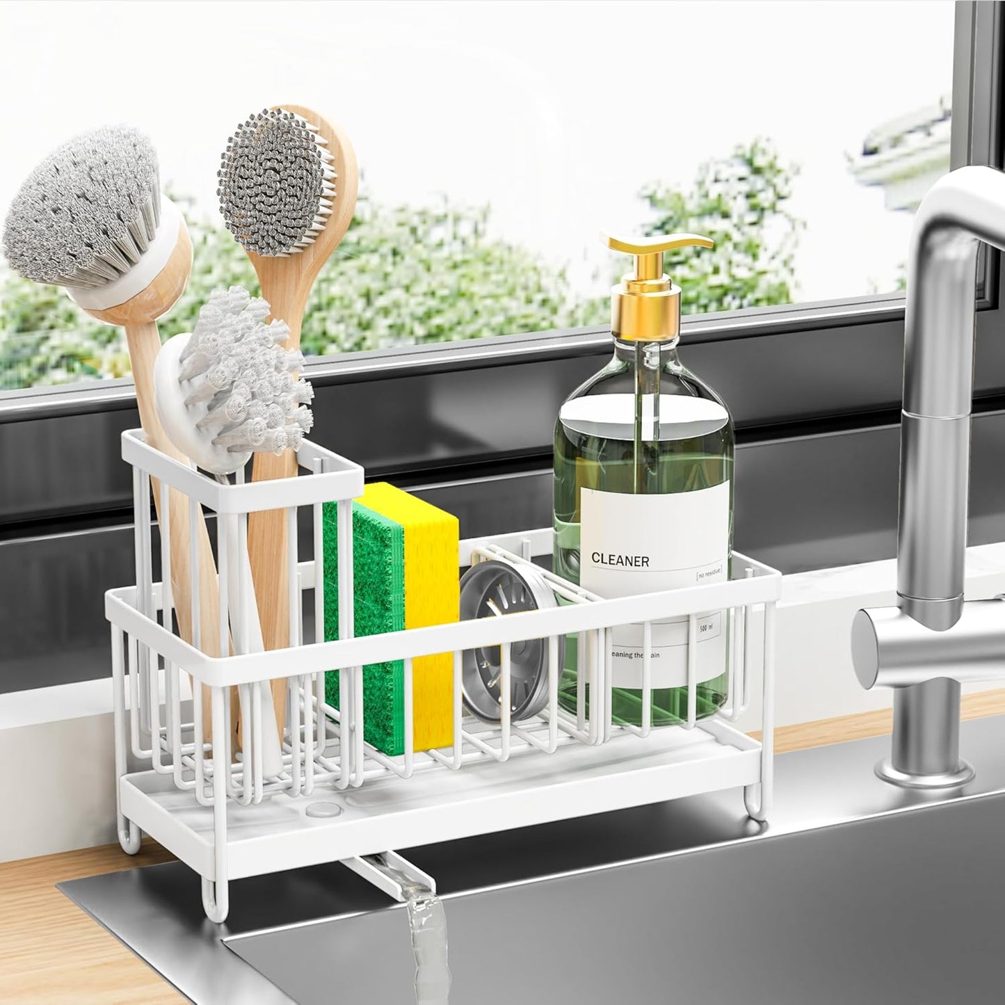 Black Stainless Steel Kitchen Sink Caddy – Rotatable Spout Sponge Holder with Brush Organizer & Soap Storage