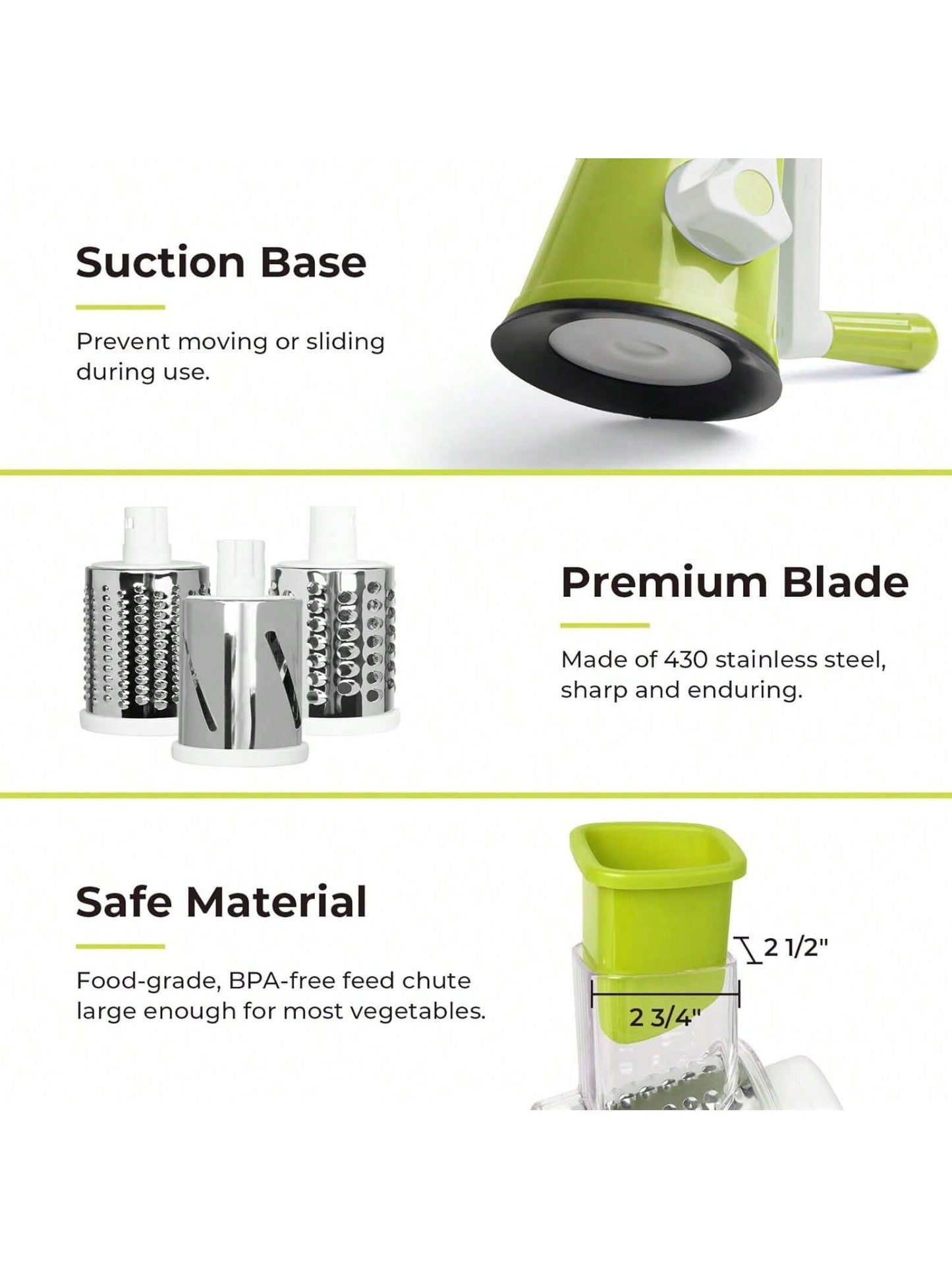 Rotary Cheese Grater & Vegetable Slicer – Manual Mandoline with 3 Interchangeable Blades & Suction Base (Green)