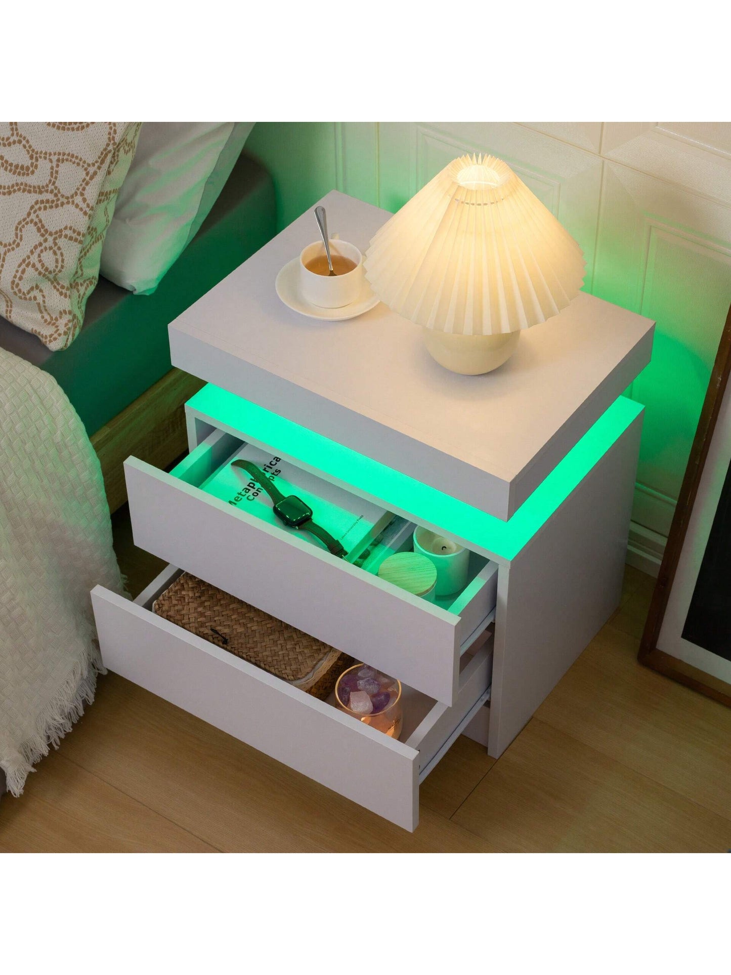 Modern LED Nightstand – White Bedside Table with 2 Wood Drawers for Bedroom or Living Room