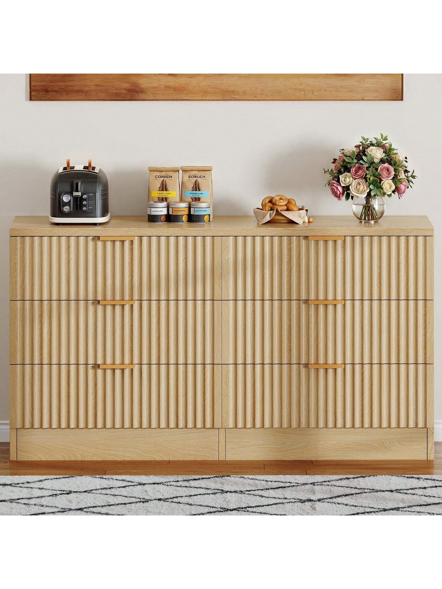 Sturdum Oak 6-Drawers Dressers Chest of Dresser with Waveform Panel, Wooden Closet Dressers Organizer for Home Decor, Bedroom, Living Room, Entryway