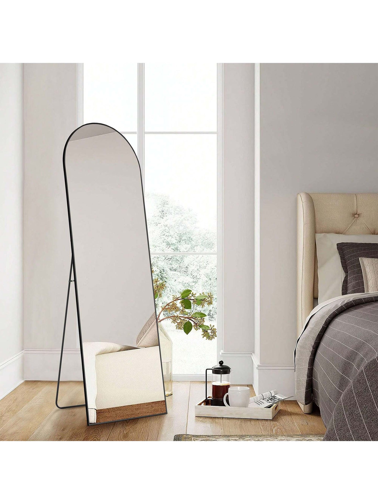 Arched Full Length Mirror – 64" x 21" Floor Mirror with Thin Aluminum Alloy Frame, Standing/Leaning/Hanging Design, Black