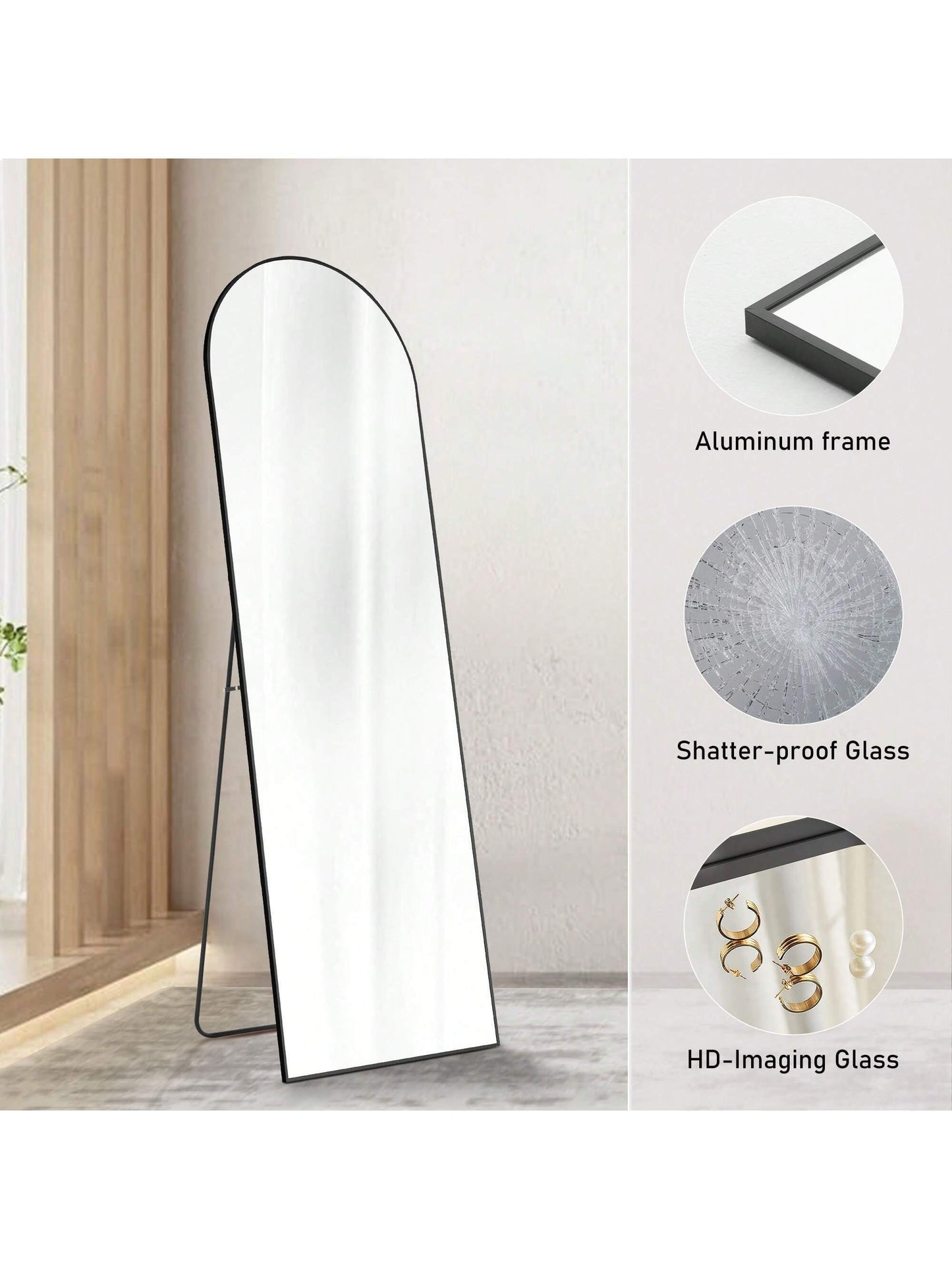 Arched Full Length Mirror – 64" x 21" Floor Mirror with Thin Aluminum Alloy Frame, Standing/Leaning/Hanging Design, Black