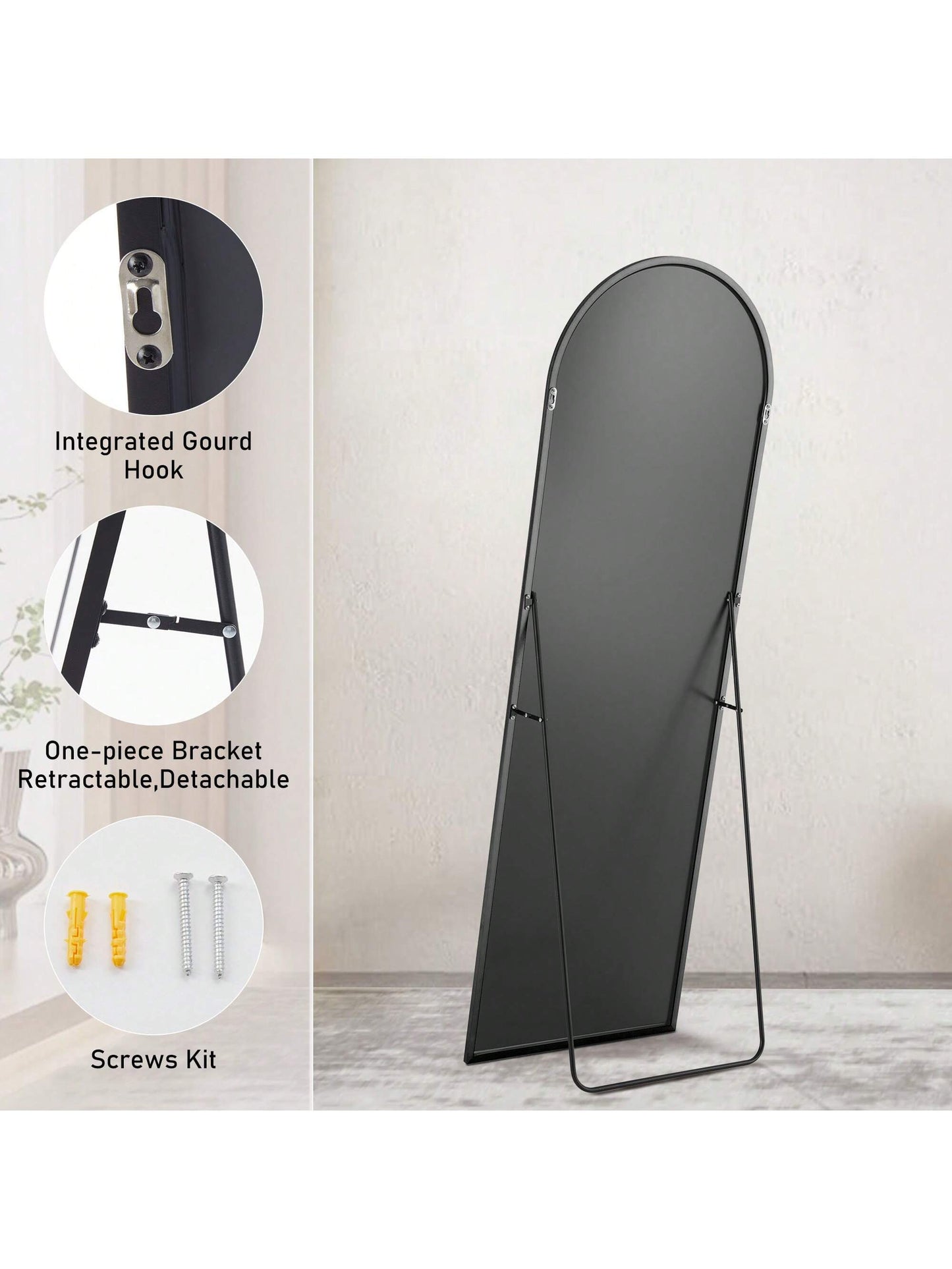 Arched Full Length Mirror – 64" x 21" Floor Mirror with Thin Aluminum Alloy Frame, Standing/Leaning/Hanging Design, Black