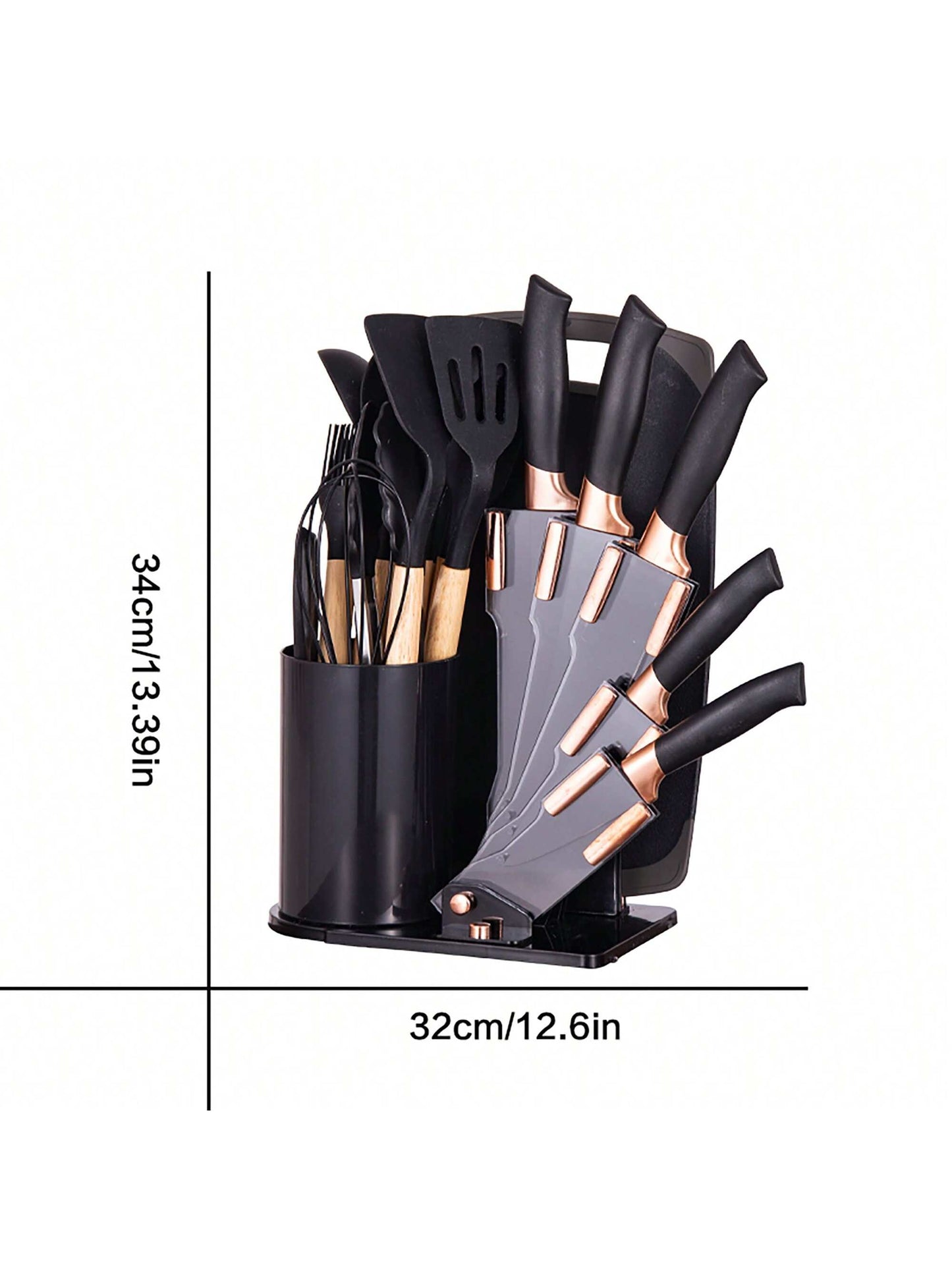 19-Piece Premium Silicone Kitchen Utensil & Knife Set – Heat-Resistant Tools with Wooden Handles + Chef Knives & Storage Stand, Black