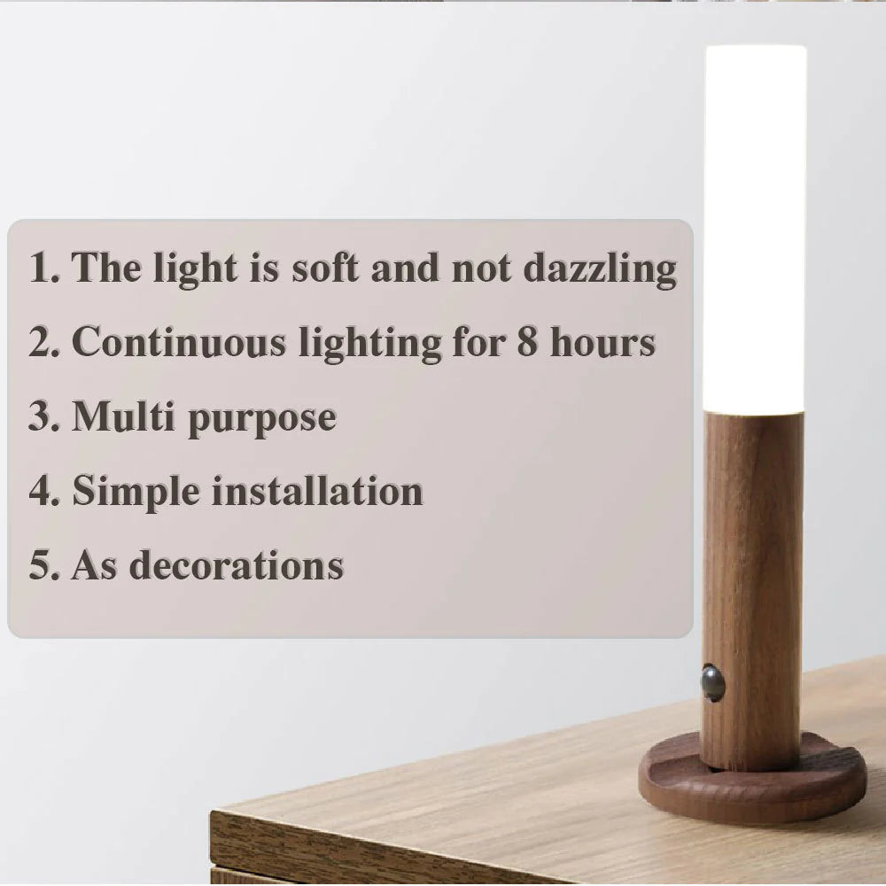 Auto LED Wireless Motion Sensor Night Light – USB Rechargeable Magnetic Wood Lamp for Hallways, Cabinets & Bedrooms