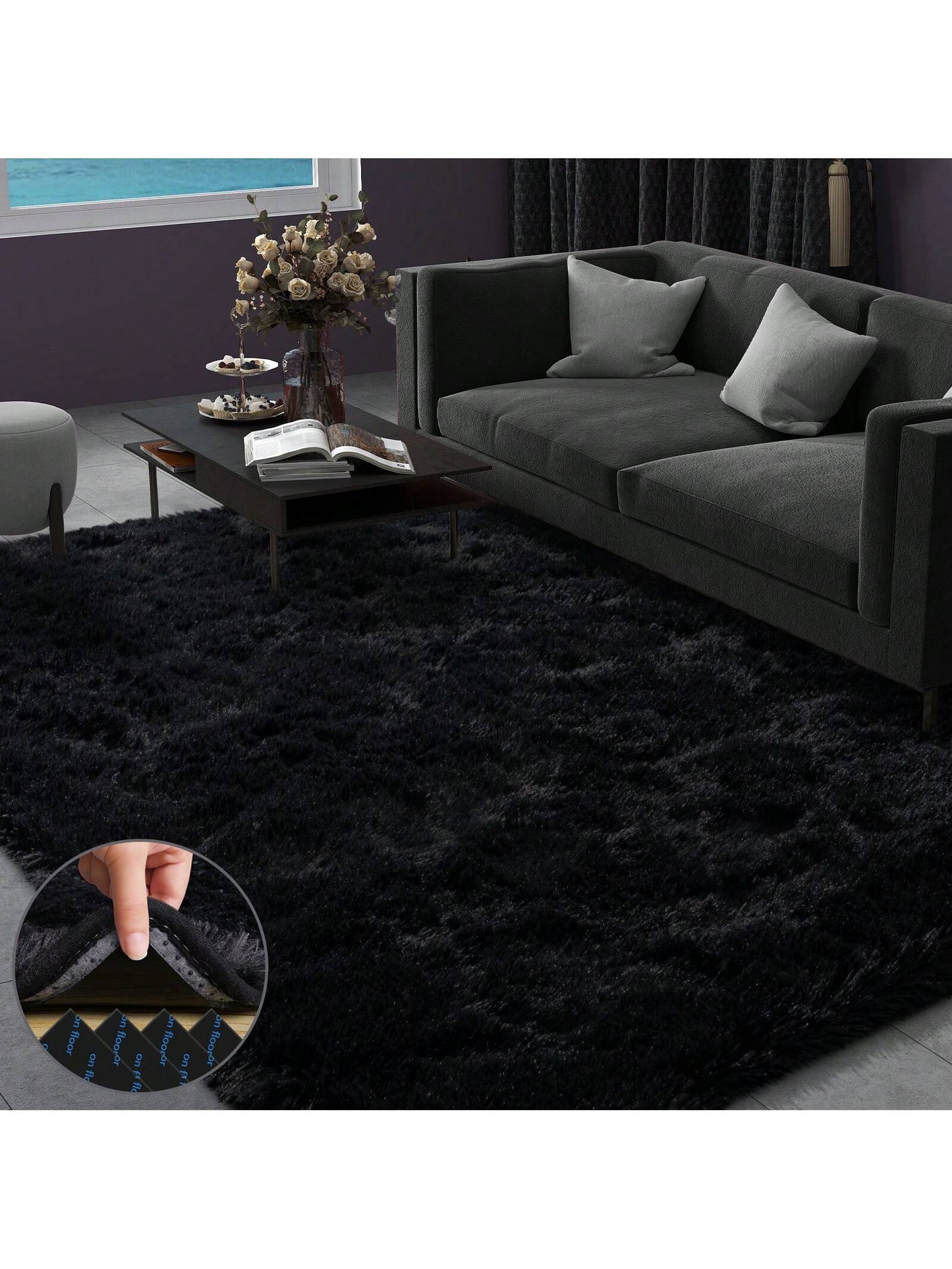 Black Fluffy Shag Rug – Soft Plush High-Pile Area Carpet for Bedroom, Living Room & Dorm Decor
