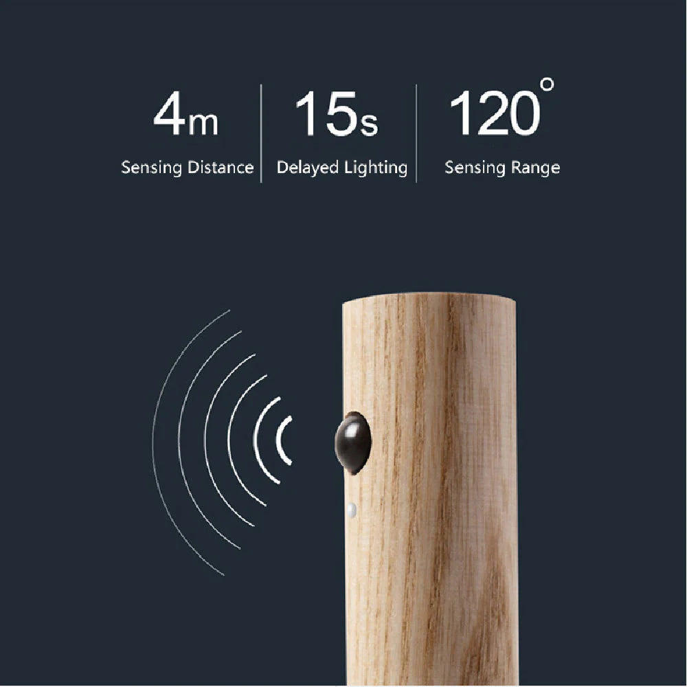 Auto LED Wireless Motion Sensor Night Light – USB Rechargeable Magnetic Wood Lamp for Hallways, Cabinets & Bedrooms