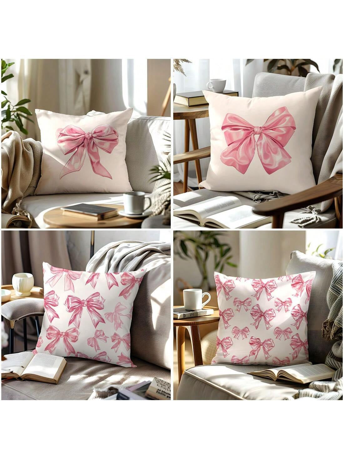 4 Pcs Pink Bow Print Pillow Covers – 17.7" x 17.7" Decorative Cushion Covers for Sofa, Bed & More