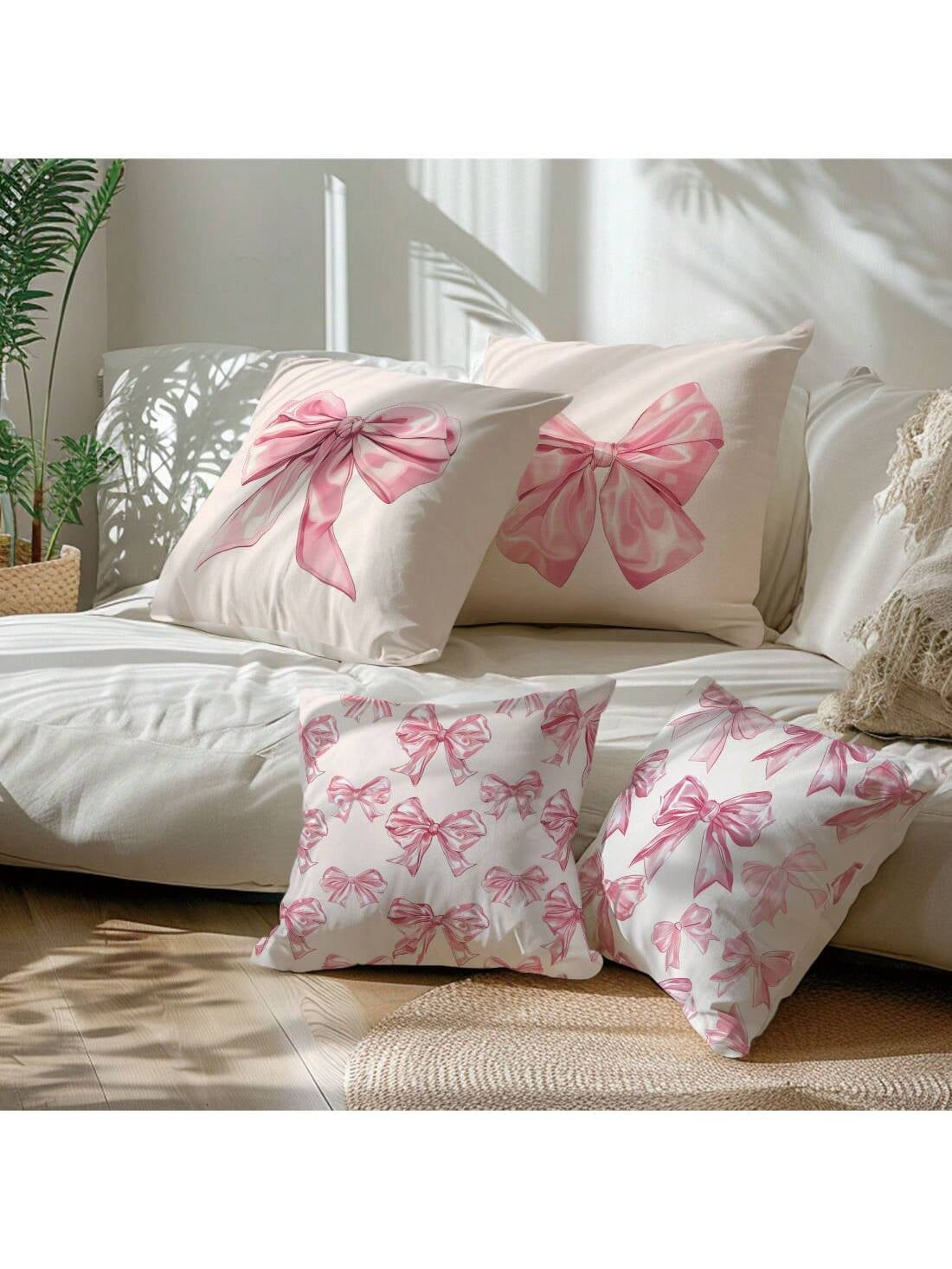 4 Pcs Pink Bow Print Pillow Covers – 17.7" x 17.7" Decorative Cushion Covers for Sofa, Bed & More