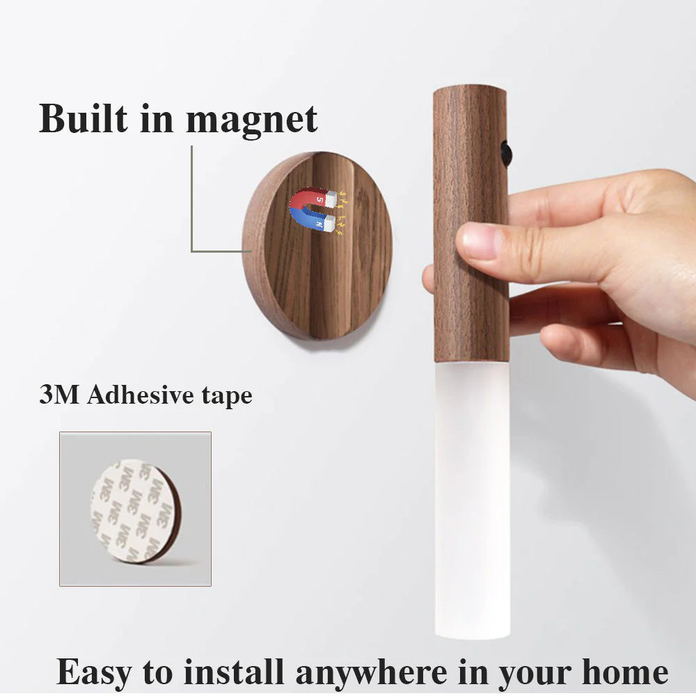 Auto LED Wireless Motion Sensor Night Light – USB Rechargeable Magnetic Wood Lamp for Hallways, Cabinets & Bedrooms