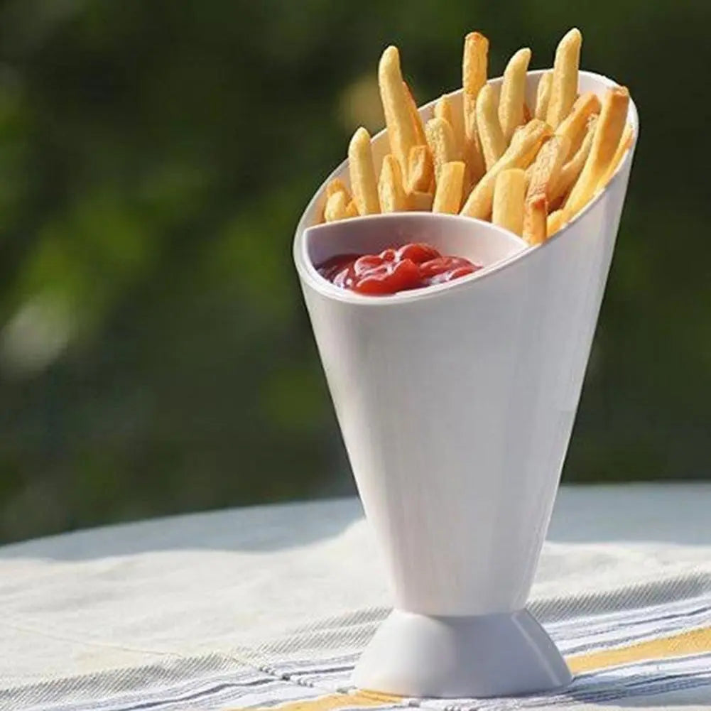 Modern Snack Cone Holder with Dual Dip Cups – Sleek French Fry & Sauce Serving Solution