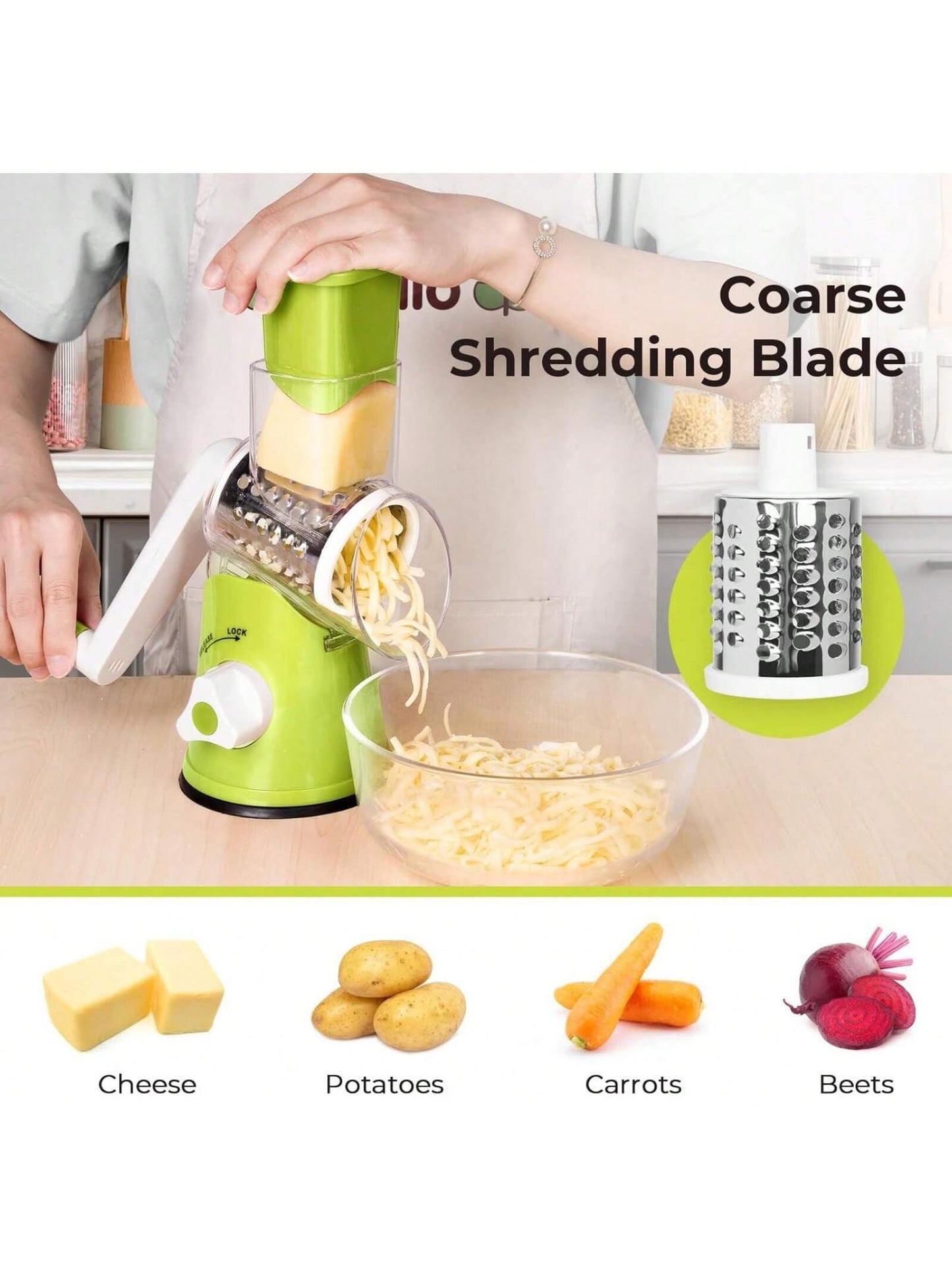 Rotary Cheese Grater & Vegetable Slicer – Manual Mandoline with 3 Interchangeable Blades & Suction Base (Green)