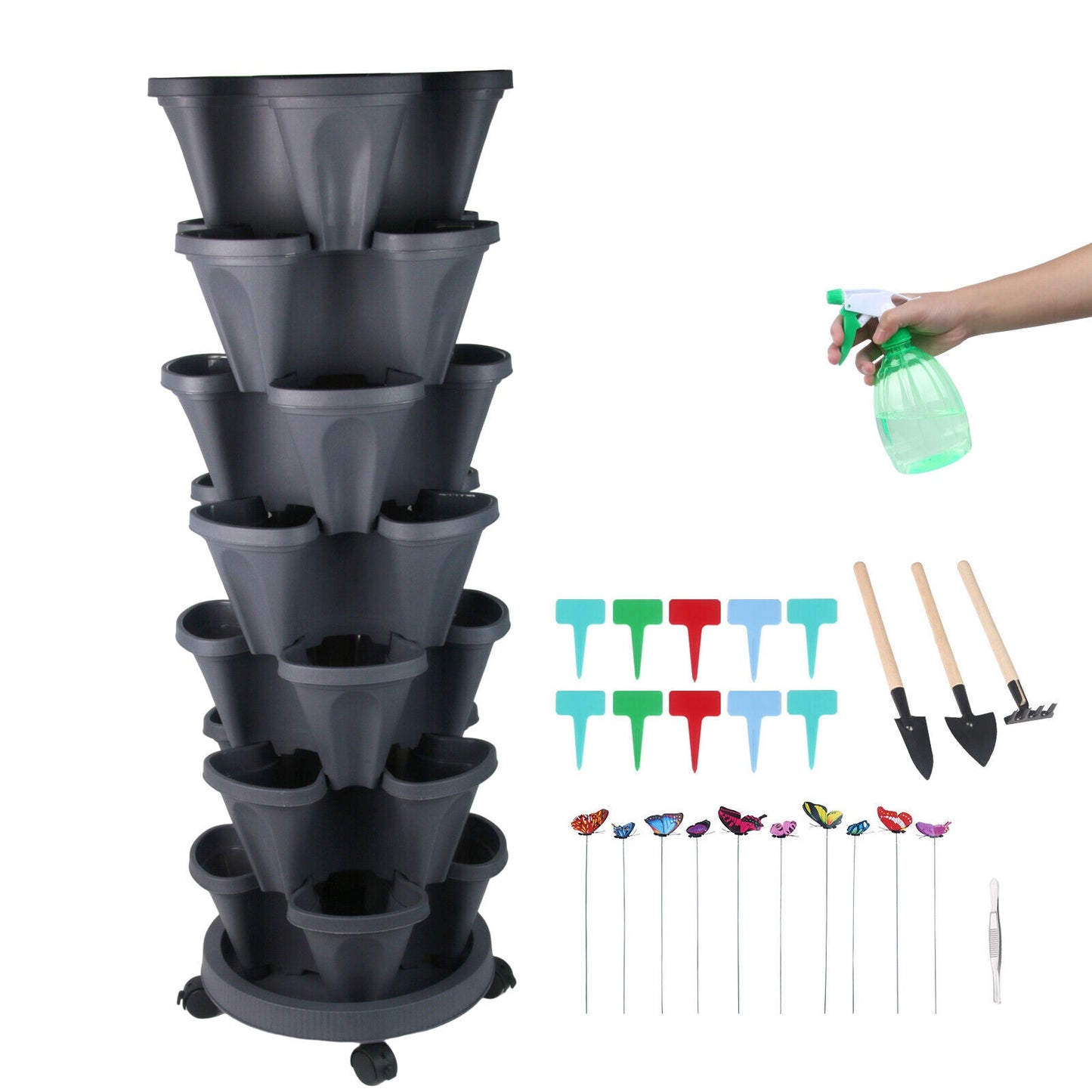 🌱 Product Title: 7-Tier Stackable Vertical Planter with Wheels & Garden Tool Set – Space-Saving Plant Tower for Indoors & Outdoors