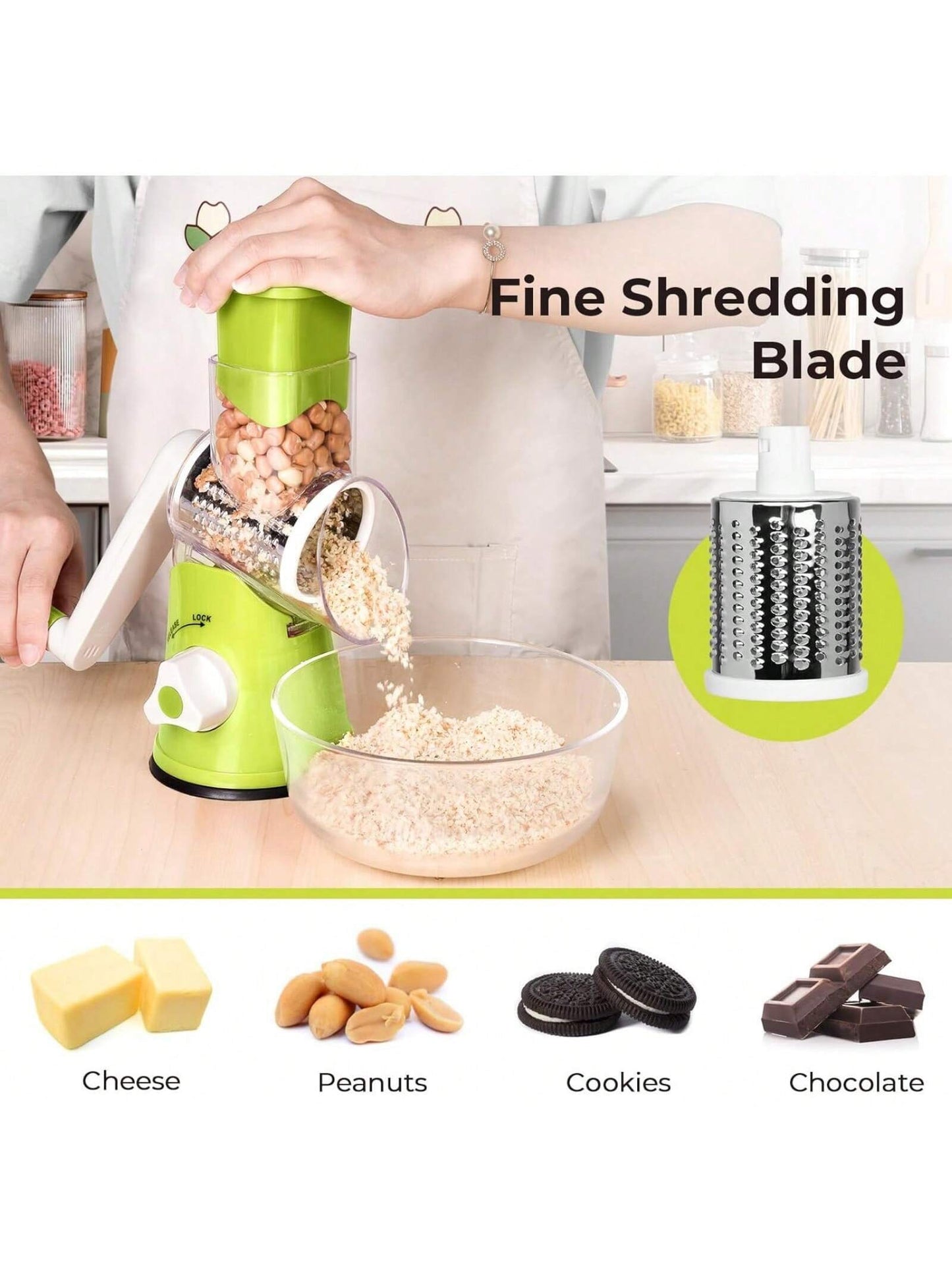 Rotary Cheese Grater & Vegetable Slicer – Manual Mandoline with 3 Interchangeable Blades & Suction Base (Green)