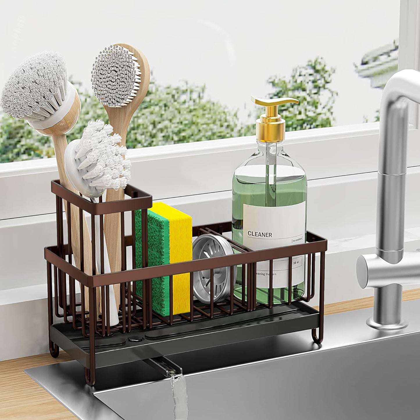 Black Stainless Steel Kitchen Sink Caddy – Rotatable Spout Sponge Holder with Brush Organizer & Soap Storage