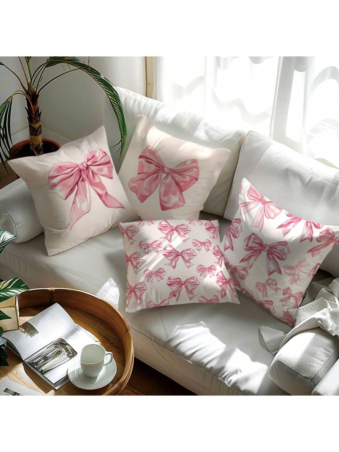 4 Pcs Pink Bow Print Pillow Covers – 17.7" x 17.7" Decorative Cushion Covers for Sofa, Bed & More