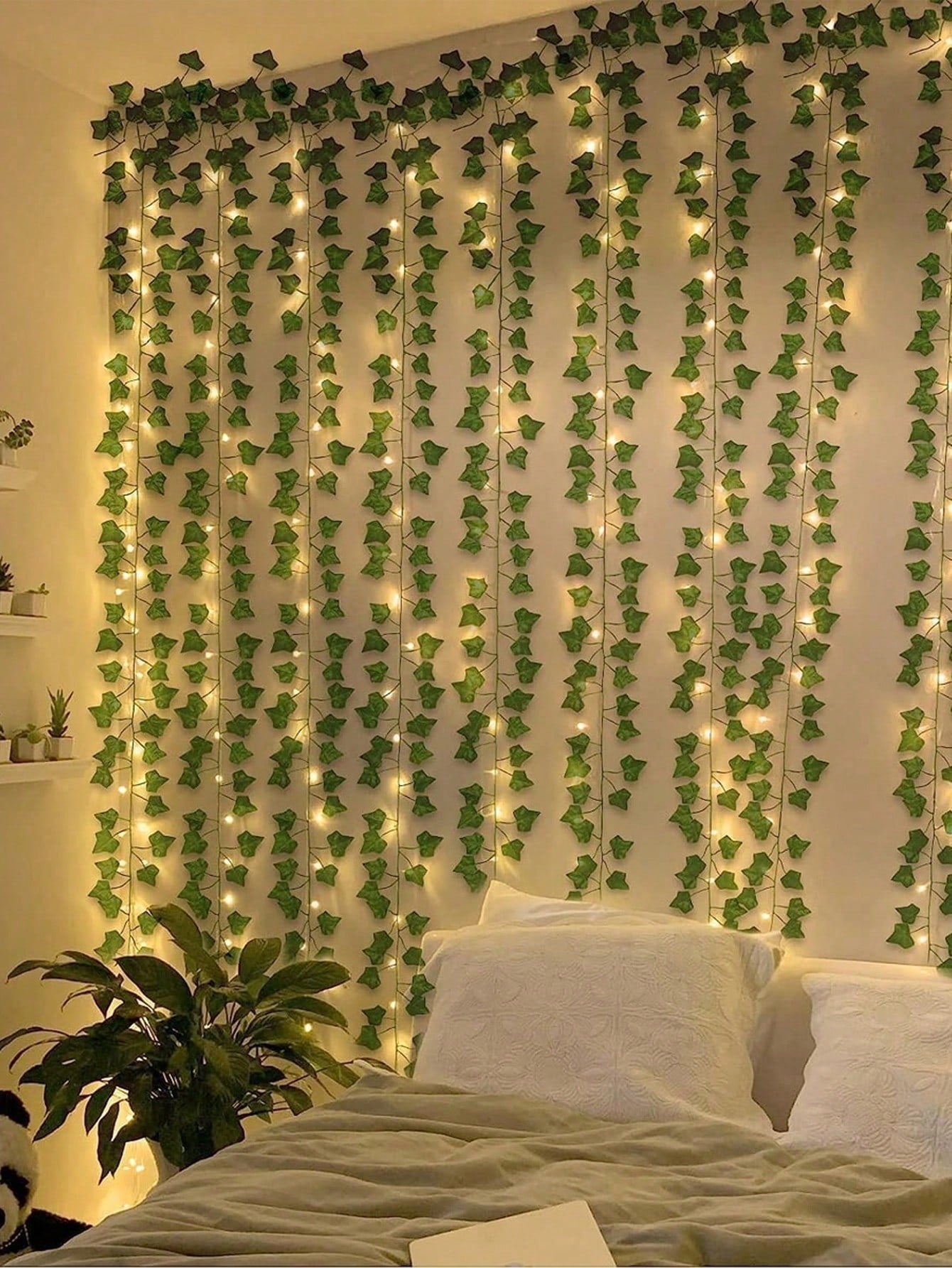 12Pcs Artificial Vine with LED String Lights – Green Leaf Fairy Vines for Bedroom, Garden, Party & Holiday Décor