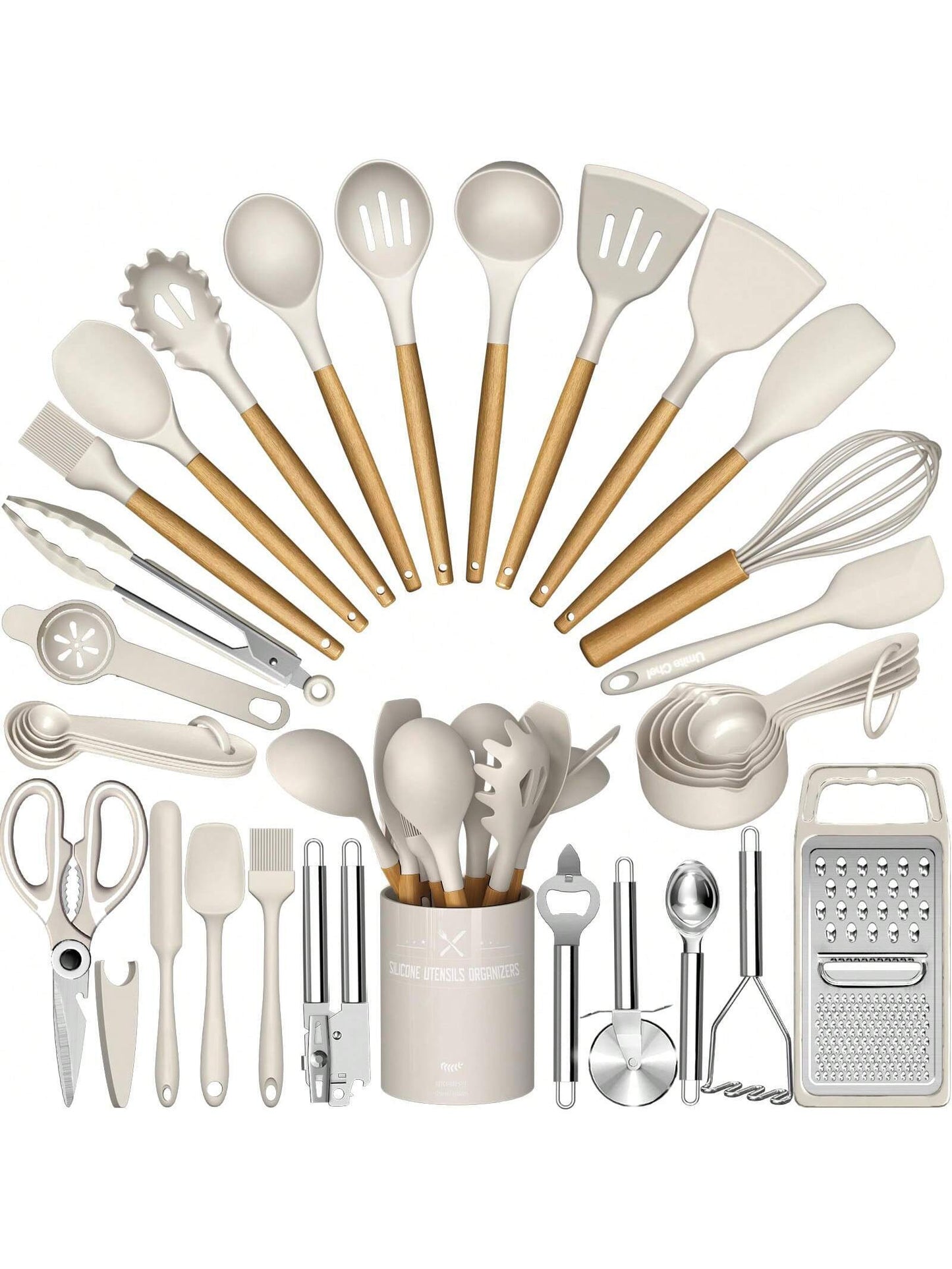 Kitchen Utensils Set – 34PCS Silicone Cooking Utensils with Holder, Heat Resistant Spatula Set for Nonstick Cookware, Black with Wooden Handles