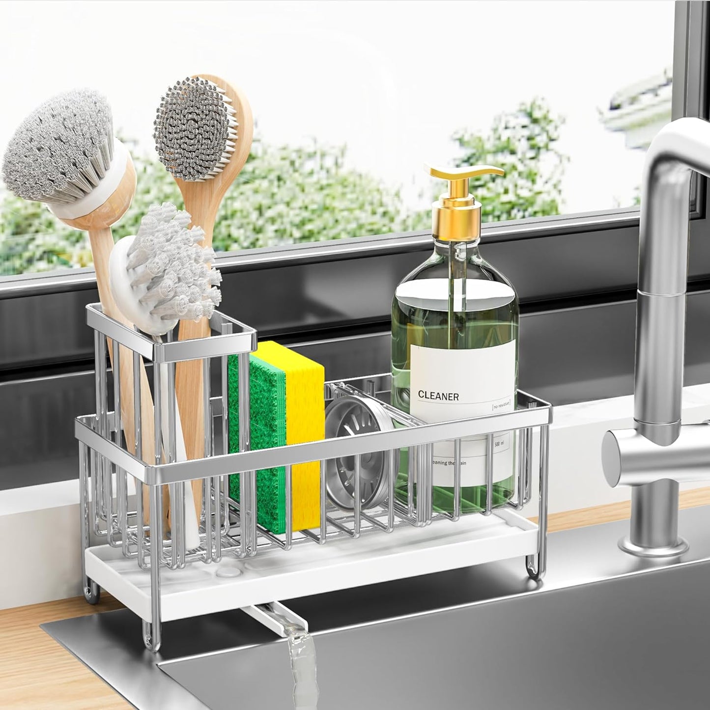 Black Stainless Steel Kitchen Sink Caddy – Rotatable Spout Sponge Holder with Brush Organizer & Soap Storage