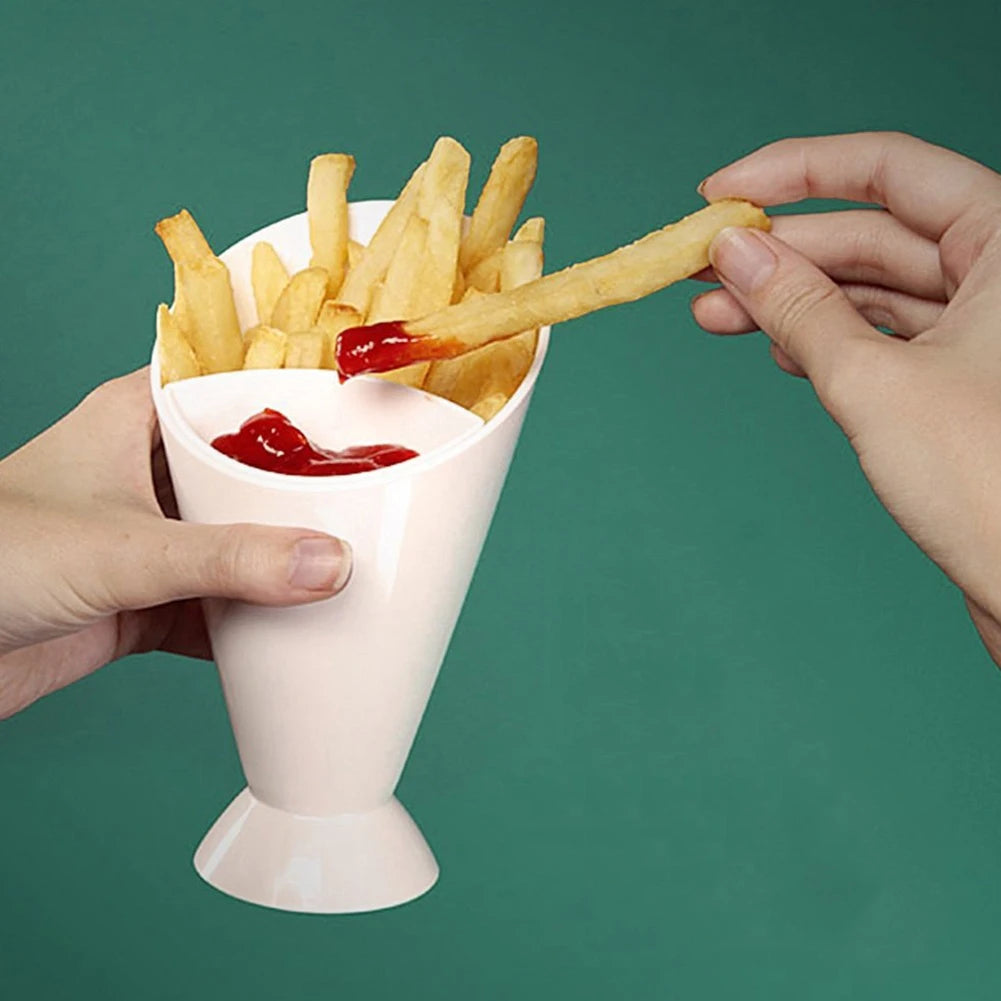 Modern Snack Cone Holder with Dual Dip Cups – Sleek French Fry & Sauce Serving Solution