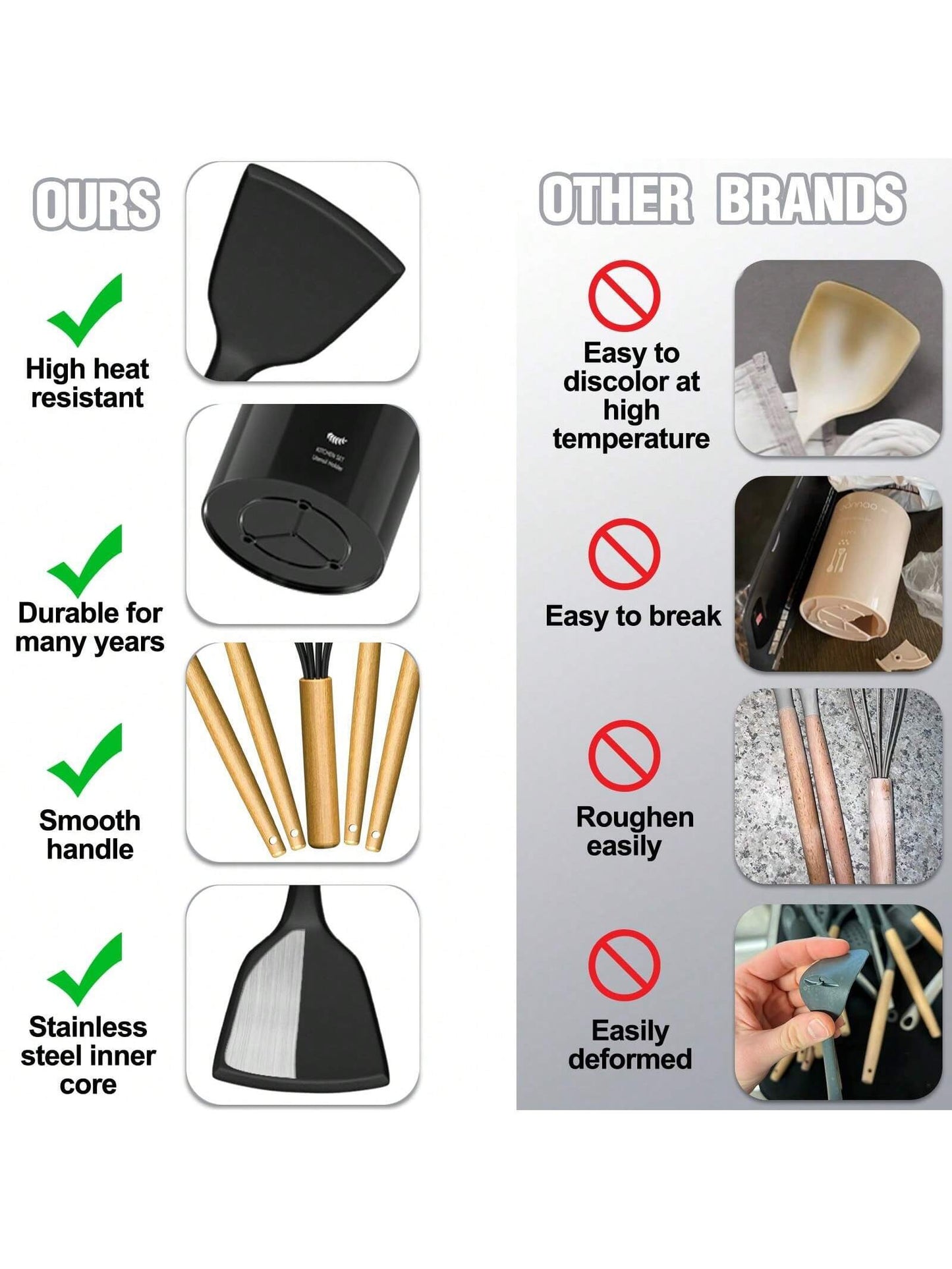Kitchen Utensils Set – 34PCS Silicone Cooking Utensils with Holder, Heat Resistant Spatula Set for Nonstick Cookware, Black with Wooden Handles