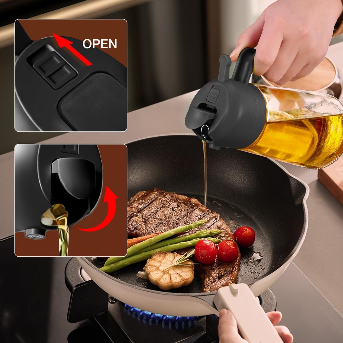 2-in-1 Olive Oil Dispenser & Sprayer – 16oz Glass Bottle for Cooking, Salad, BBQ (Black)