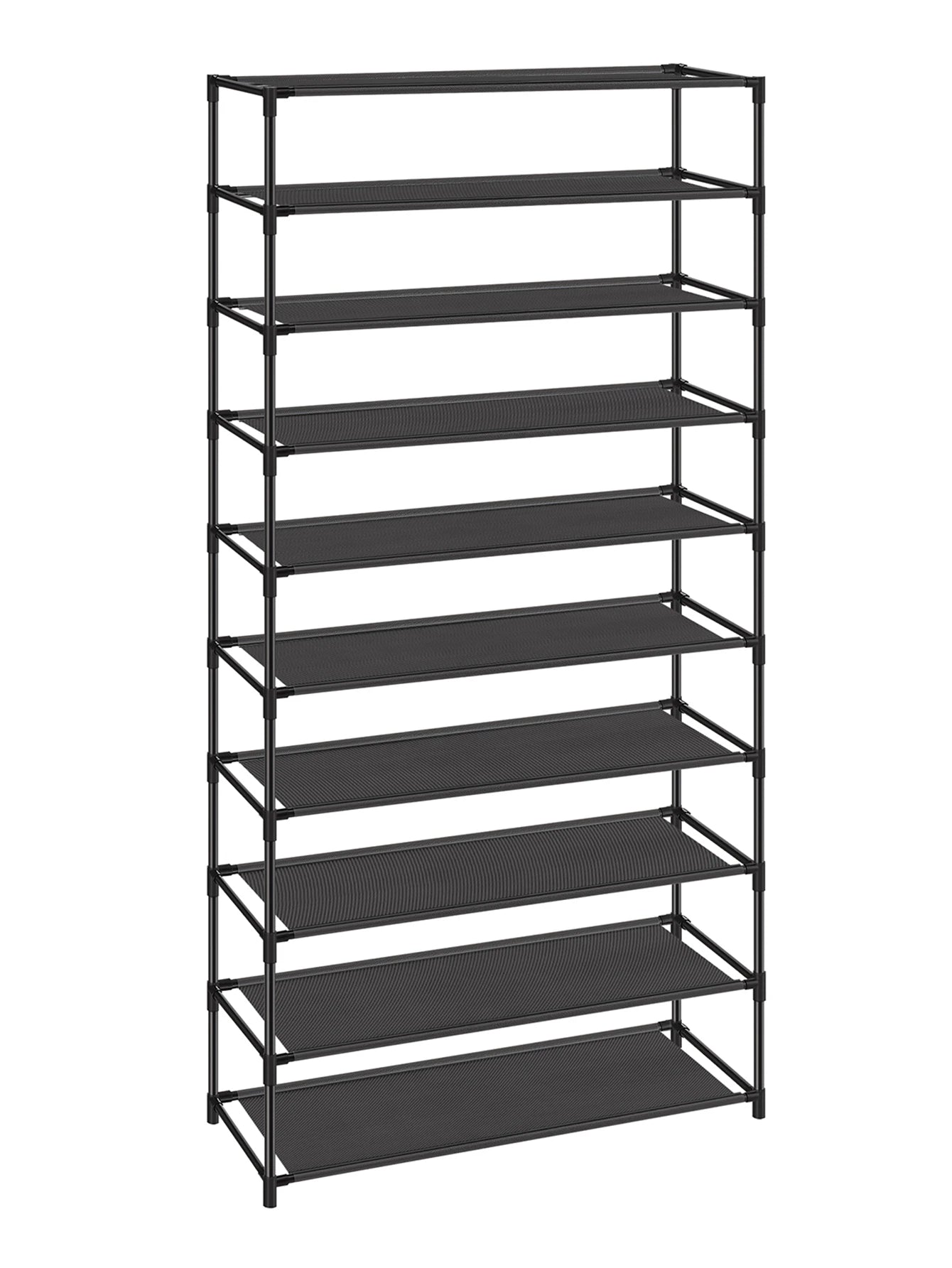10-Tier Shoe Rack – Vertical Shoe Organizer with Metal Frame & Non-Woven Shelves for Entryway or Bedroom (Black)