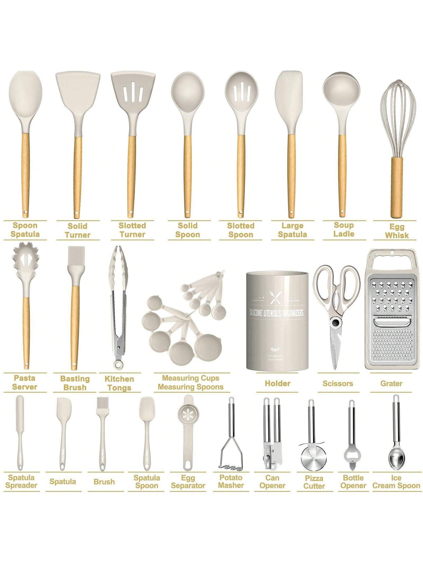 Kitchen Utensils Set – 34PCS Silicone Cooking Utensils with Holder, Heat Resistant Spatula Set for Nonstick Cookware, Black with Wooden Handles