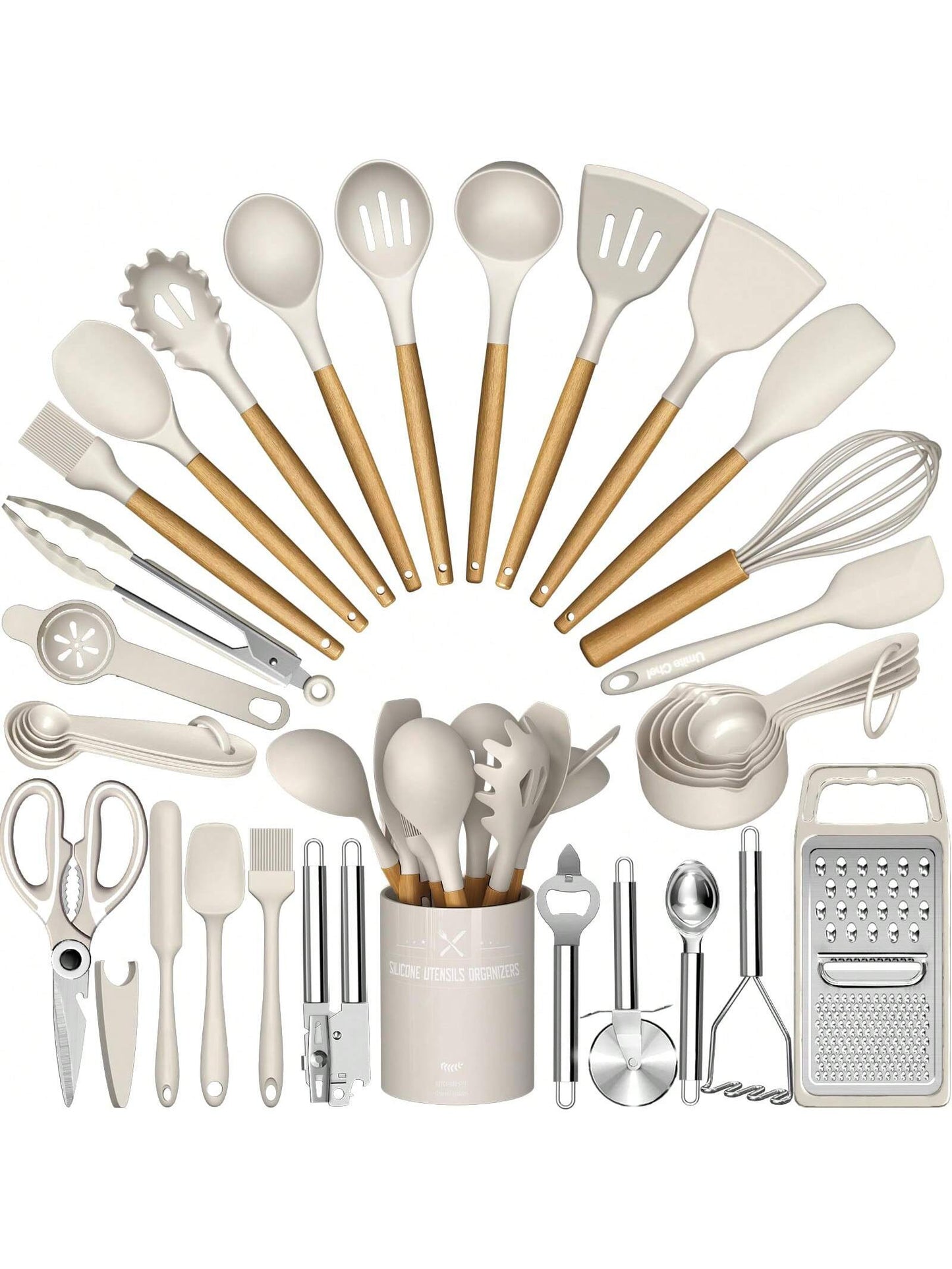 Kitchen Utensils Set – 34PCS Silicone Cooking Utensils with Holder, Heat Resistant Spatula Set for Nonstick Cookware, Black with Wooden Handles