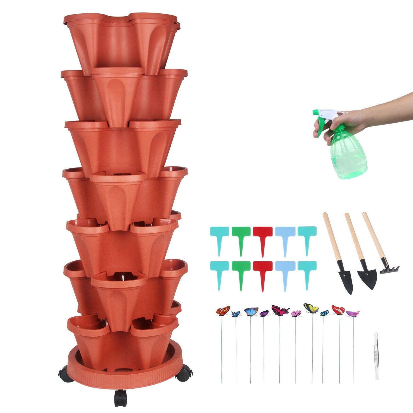 🌱 Product Title: 7-Tier Stackable Vertical Planter with Wheels & Garden Tool Set – Space-Saving Plant Tower for Indoors & Outdoors