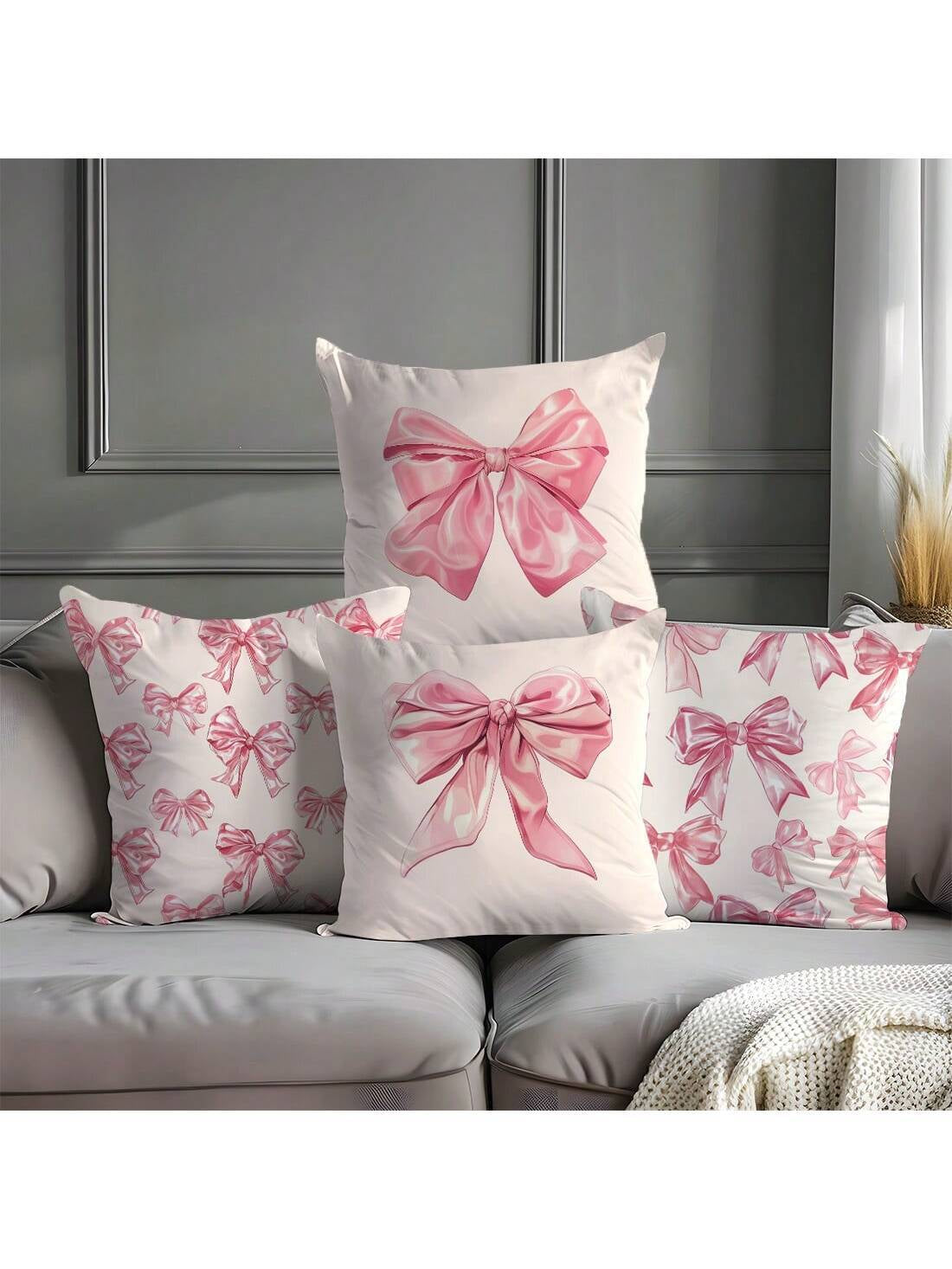 4 Pcs Pink Bow Print Pillow Covers – 17.7" x 17.7" Decorative Cushion Covers for Sofa, Bed & More