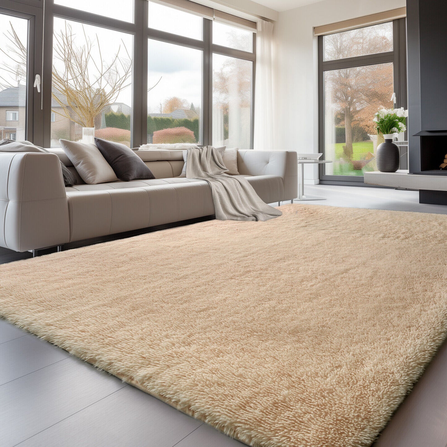 Large Grey Shaggy Area Rug – Ultra-Soft Fluffy Carpet with Non-Slip Bottom for Living Room & Bedroom