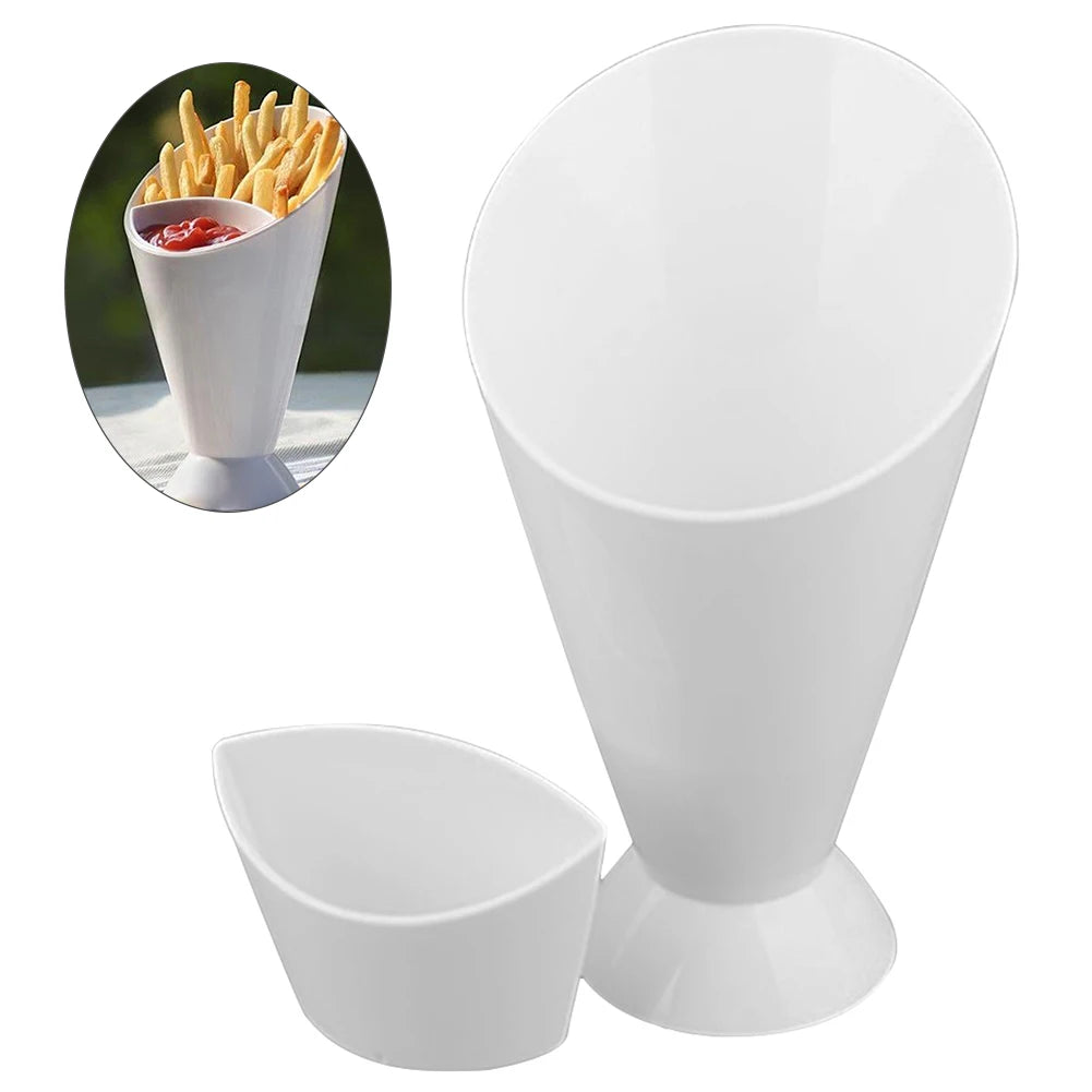 Modern Snack Cone Holder with Dual Dip Cups – Sleek French Fry & Sauce Serving Solution