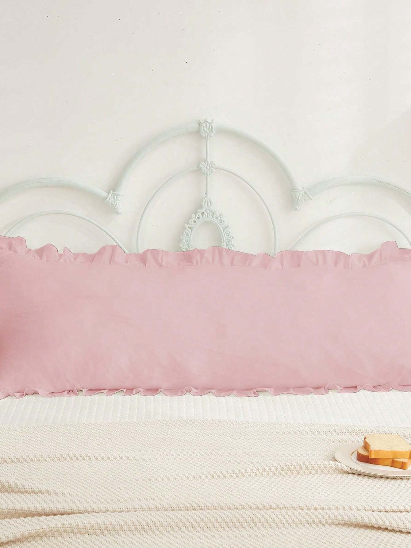 Coral Pink Ruffle Trim Pillowcase – Soft & Skin-Friendly Solid Color Bed Cover (No Filler)