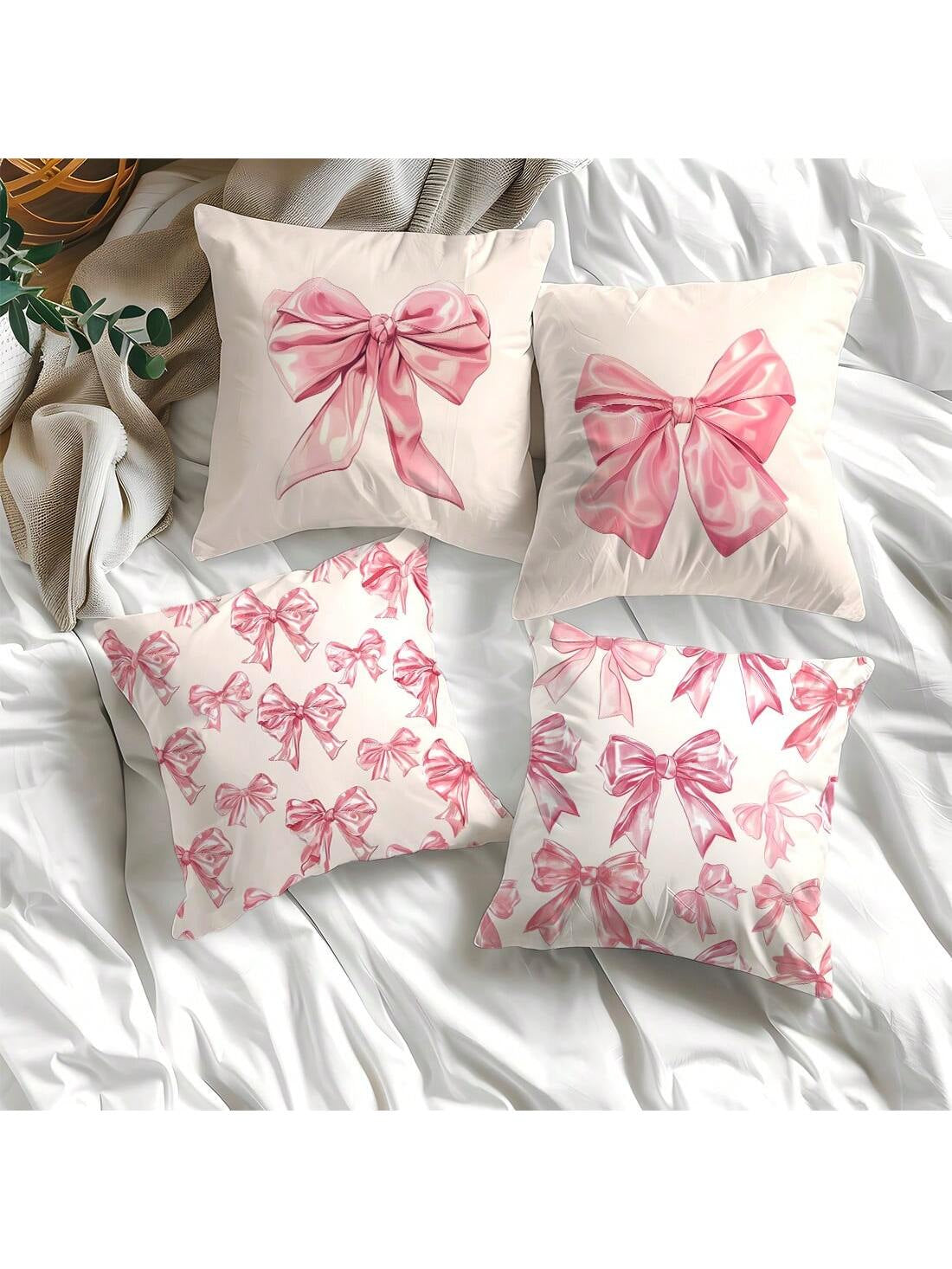 4 Pcs Pink Bow Print Pillow Covers – 17.7" x 17.7" Decorative Cushion Covers for Sofa, Bed & More