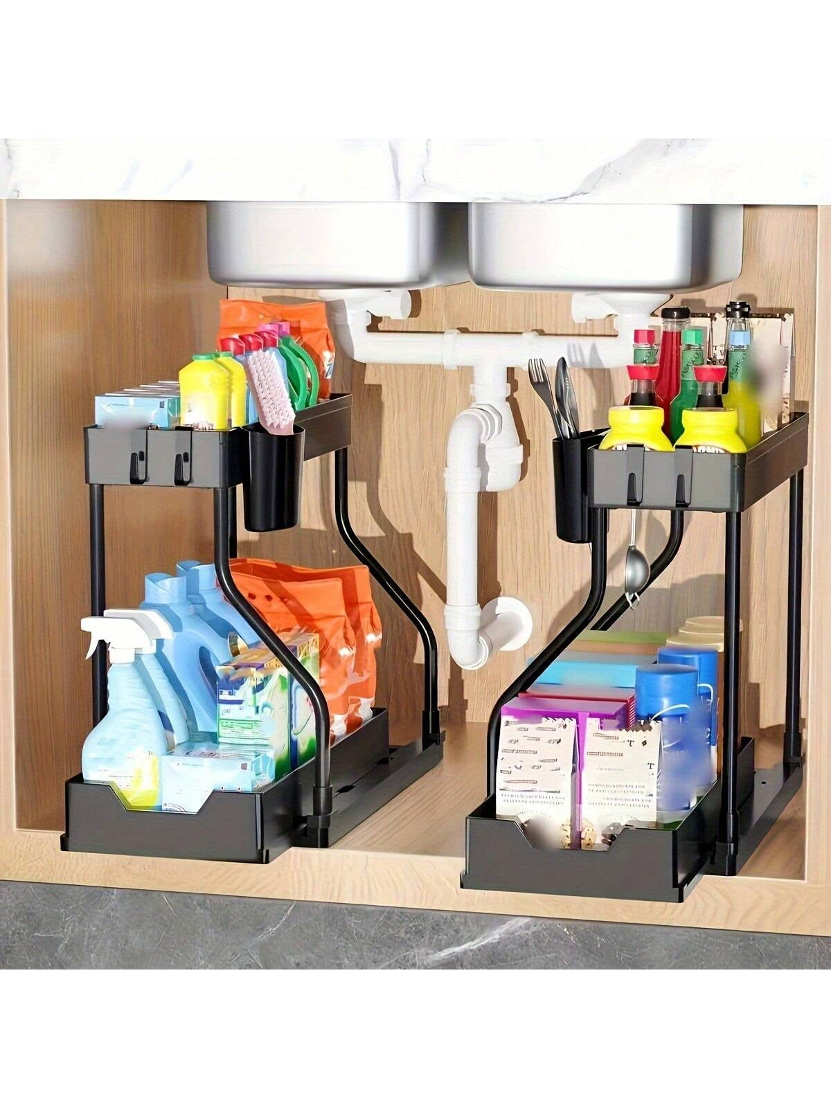 2-Pack Under Sink Organizers – 2-Tier Pull-Out Storage Drawers for Kitchen & Bathroom, Space-Saving and Durable (Black)