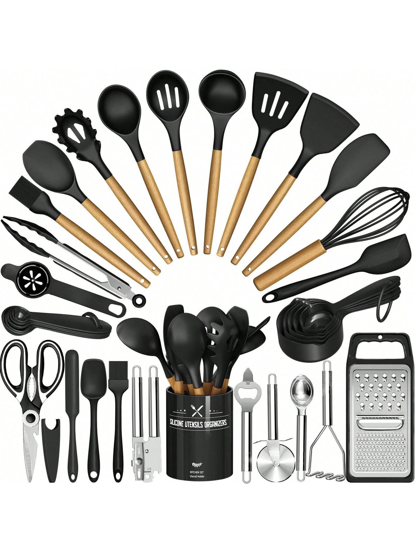 Kitchen Utensils Set – 34PCS Silicone Cooking Utensils with Holder, Heat Resistant Spatula Set for Nonstick Cookware, Black with Wooden Handles