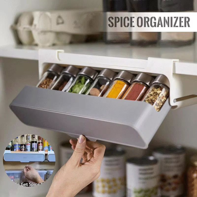 Under-Shelf Spice Rack Drawer – Self-Adhesive Pull-Out Organizer for Kitchen Seasoning Bottles