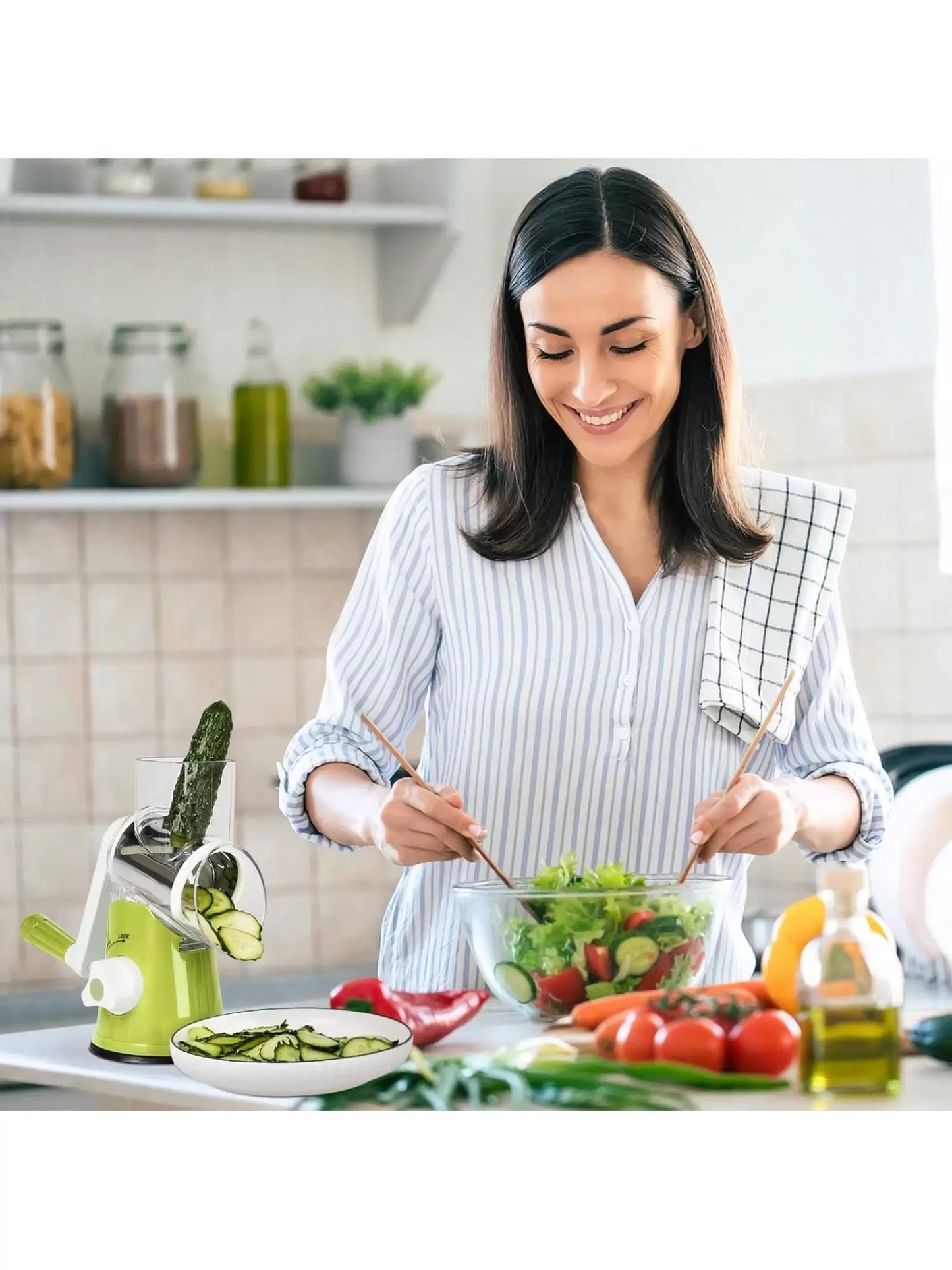 Rotary Cheese Grater & Vegetable Slicer – Manual Mandoline with 3 Interchangeable Blades & Suction Base (Green)