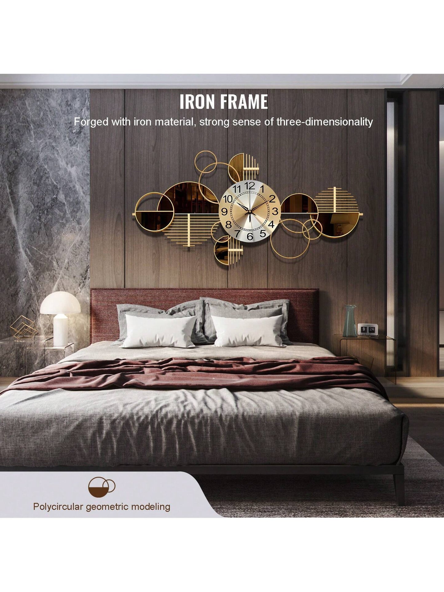 3D Metal Wall Art Clock – Silent Non-Ticking Decorative Wall Clock for Living Room & Bedroom, 34" x 17" (Coffee Brown)