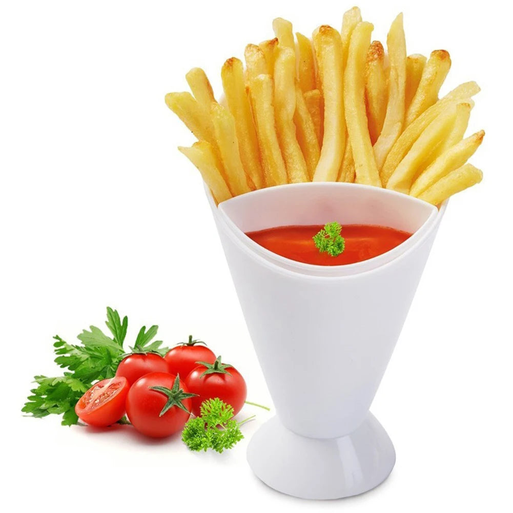 Modern Snack Cone Holder with Dual Dip Cups – Sleek French Fry & Sauce Serving Solution