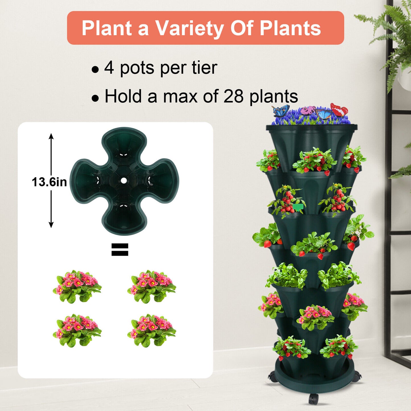🌱 Product Title: 7-Tier Stackable Vertical Planter with Wheels & Garden Tool Set – Space-Saving Plant Tower for Indoors & Outdoors