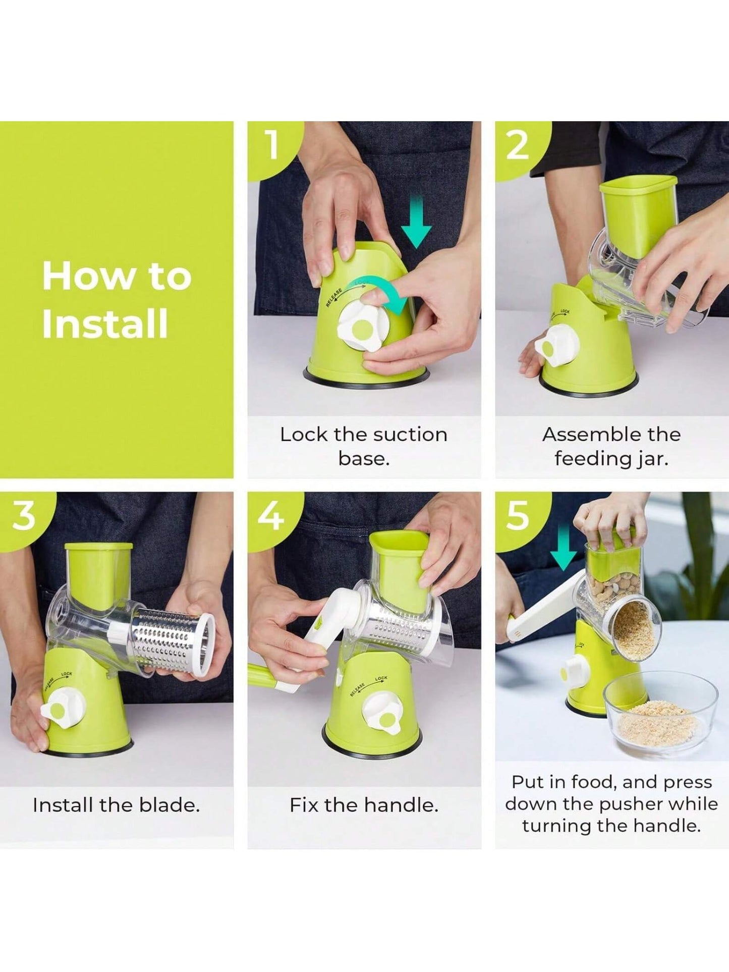 Rotary Cheese Grater & Vegetable Slicer – Manual Mandoline with 3 Interchangeable Blades & Suction Base (Green)