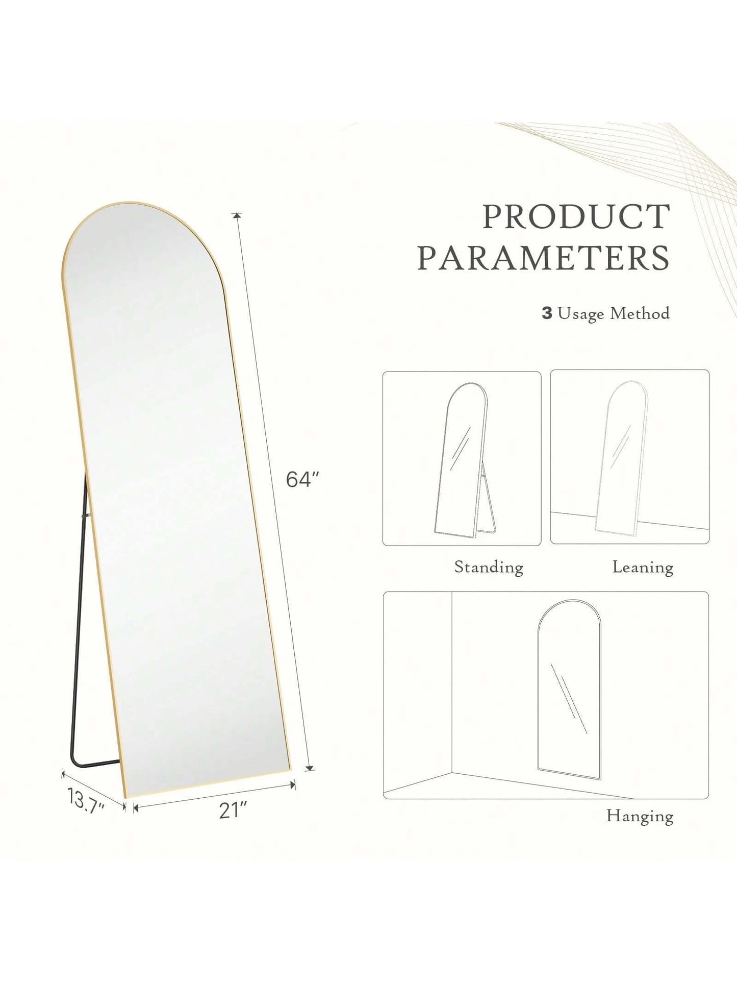 64"X21" Full Length Mirror with Stand,Aluminum Alloy Frame Arched Body Mirror,Mid Century Modern Furniture Style Standing/Leaning/Hanging Wall Mirror for Bedroom,Bedroom