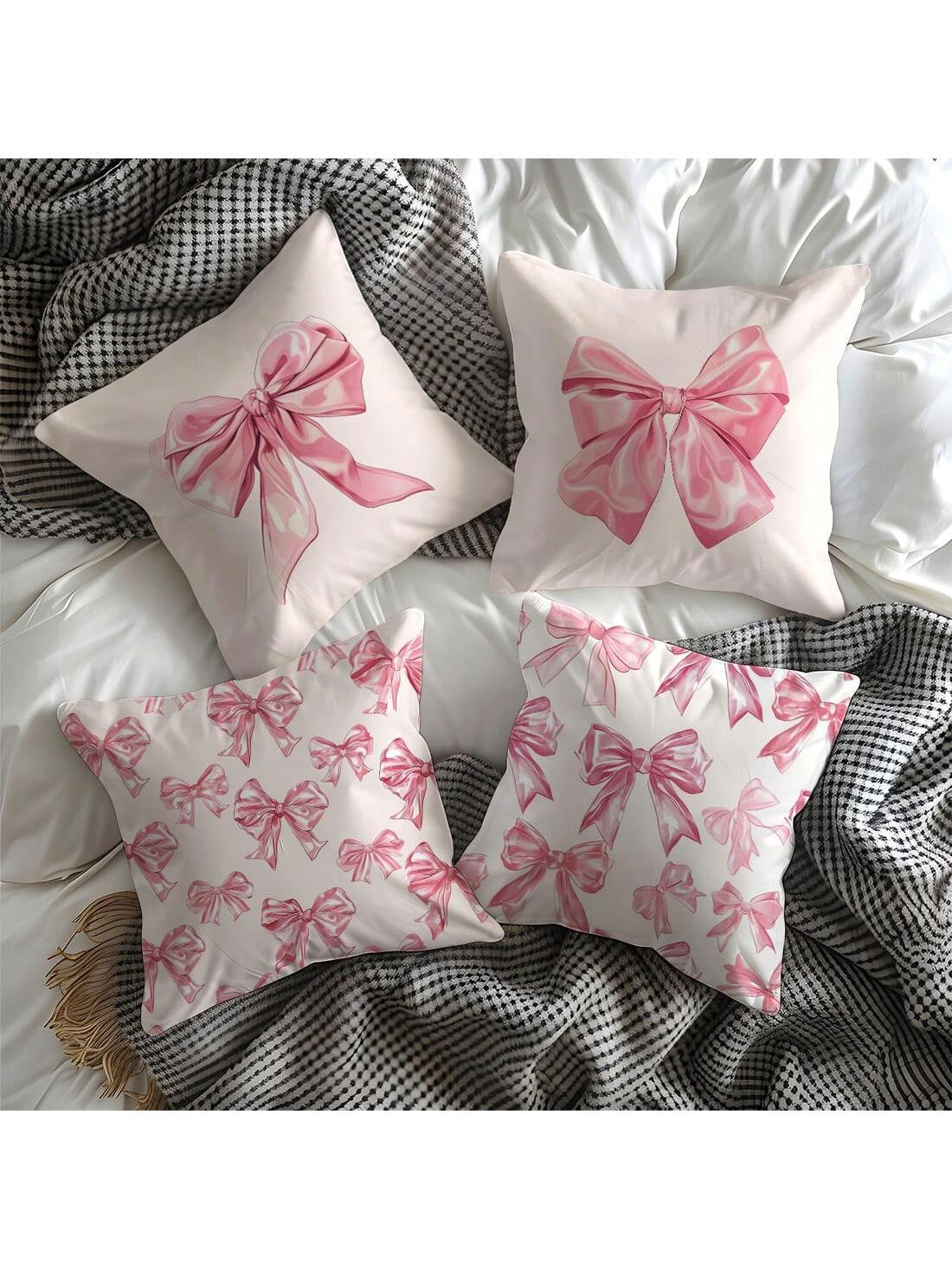 4 Pcs Pink Bow Print Pillow Covers – 17.7" x 17.7" Decorative Cushion Covers for Sofa, Bed & More