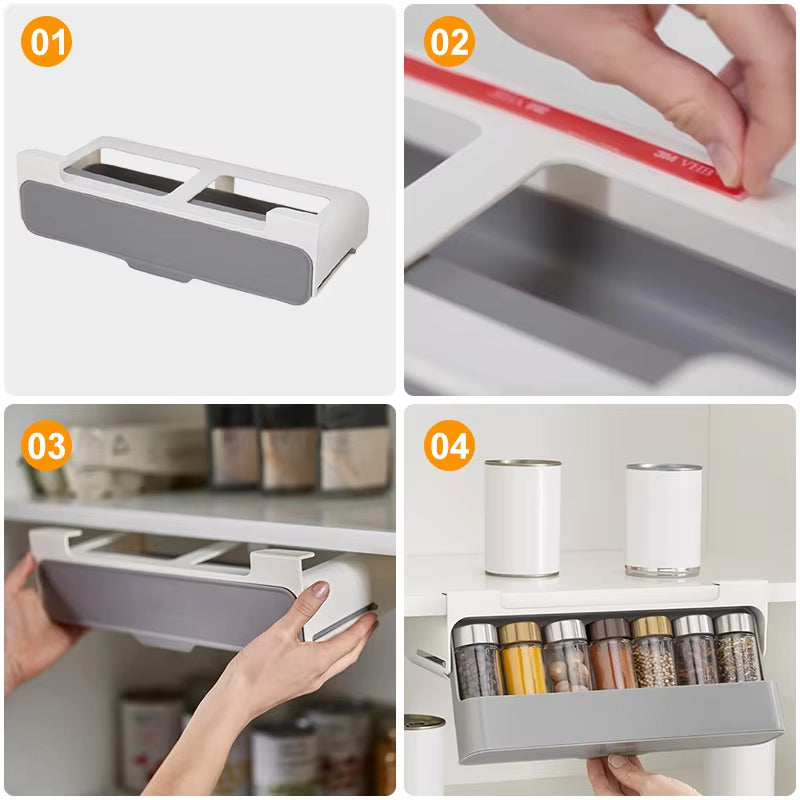 Under-Shelf Spice Rack Drawer – Self-Adhesive Pull-Out Organizer for Kitchen Seasoning Bottles