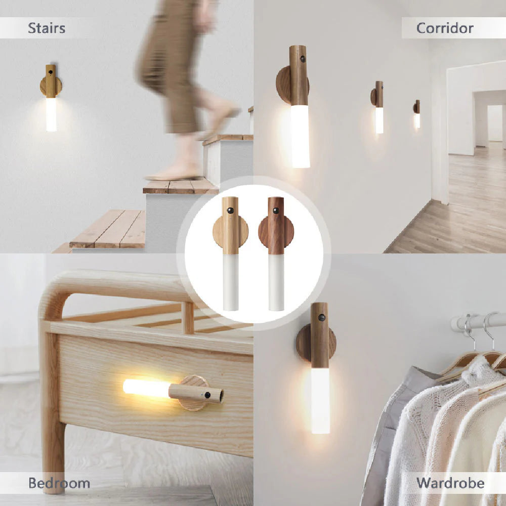 Auto LED Wireless Motion Sensor Night Light – USB Rechargeable Magnetic Wood Lamp for Hallways, Cabinets & Bedrooms