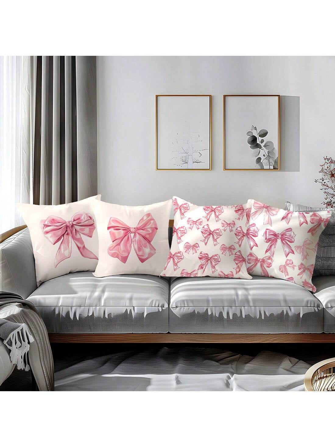 4 Pcs Pink Bow Print Pillow Covers – 17.7" x 17.7" Decorative Cushion Covers for Sofa, Bed & More