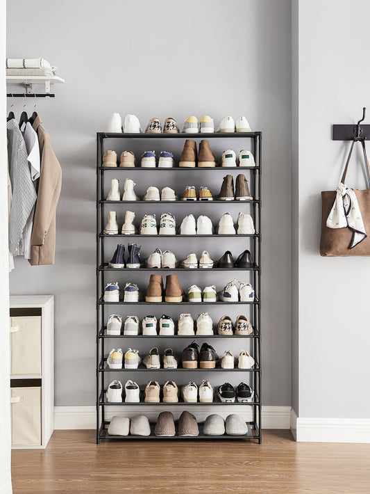 10-Tier Shoe Rack – Vertical Shoe Organizer with Metal Frame & Non-Woven Shelves for Entryway or Bedroom (Black)